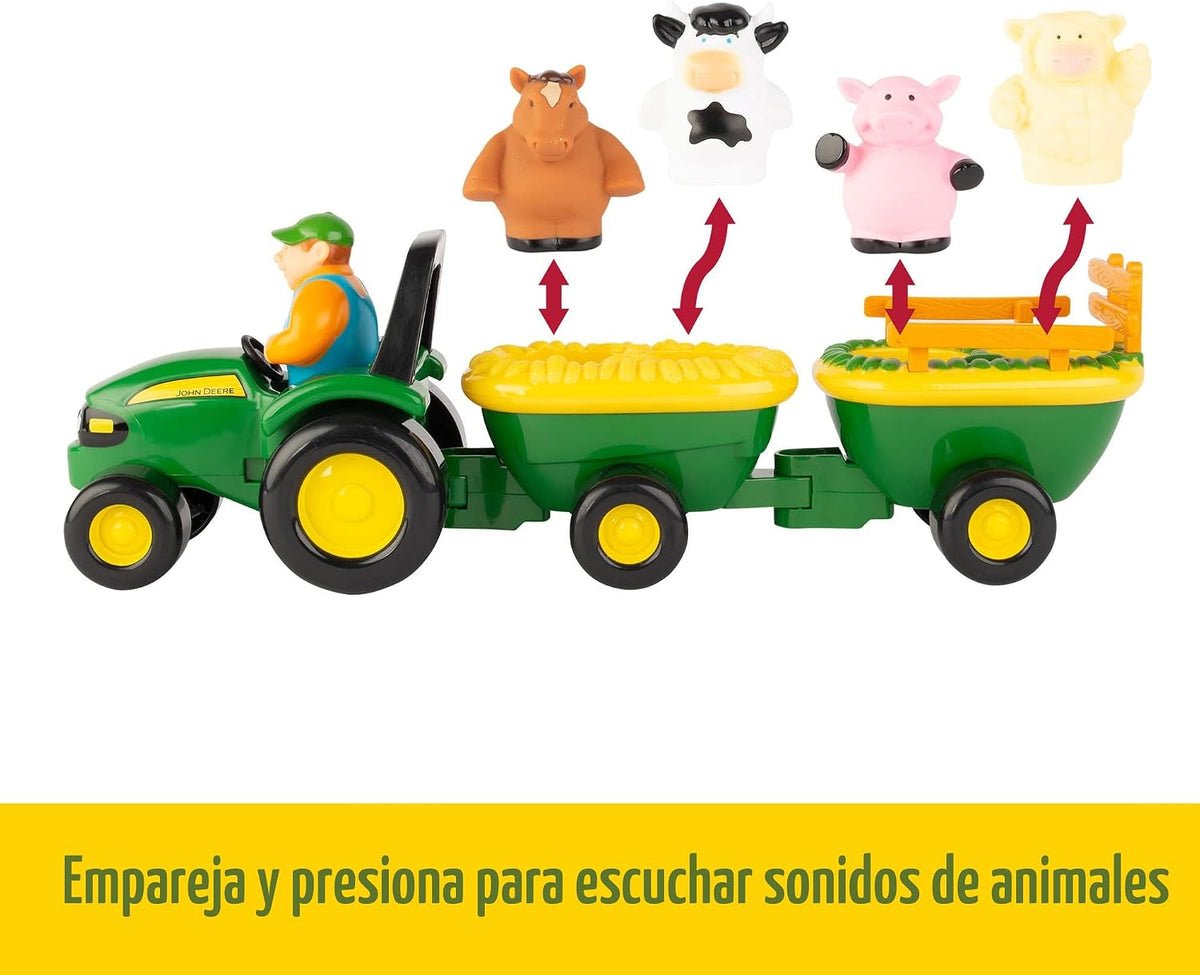 TOMY John Deere Animal Sounds Hayride Juguete Musical de Tractor - Juguetes Musicales de Paseo en Carro de Heno para Niños Pequeños - Incluye Figura de Granjero, Tractor y 4 Animales de Granja