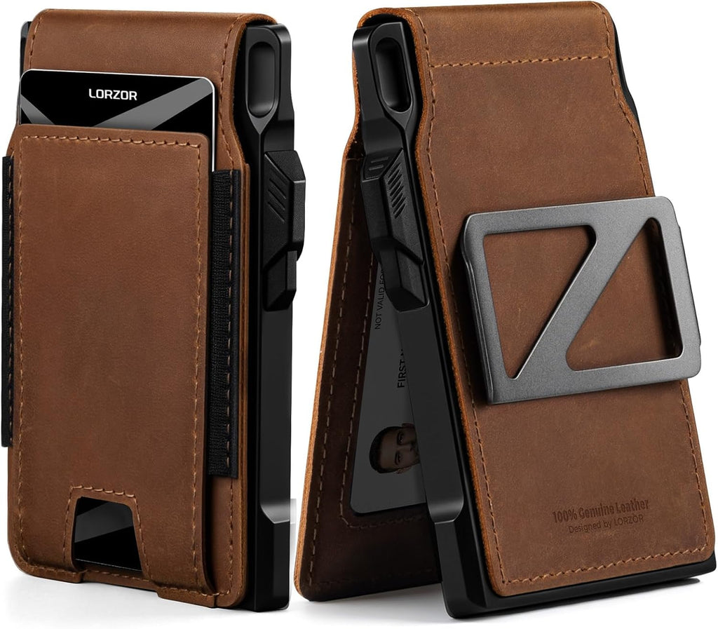 Cartera táctica de piel auténtica para hombre, tarjetero desplegable, inteligente, bloqueo RFID, delgada, minimalista, delgada, bolsillo frontal, capacidad de 12 tarjetas, ventana de