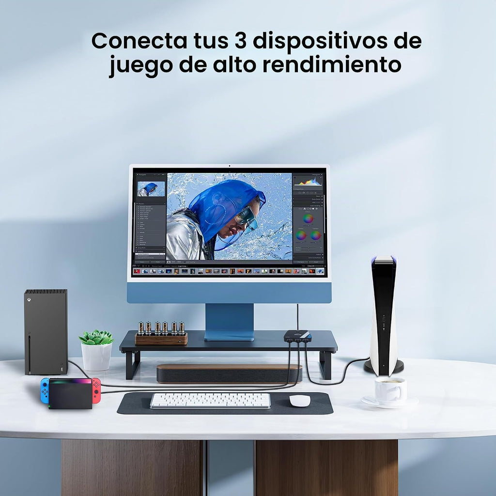 Interruptor HDMI 2.1 3 en 1 salida, 4K @120Hz 8K @60Hz 48Gbps con cable