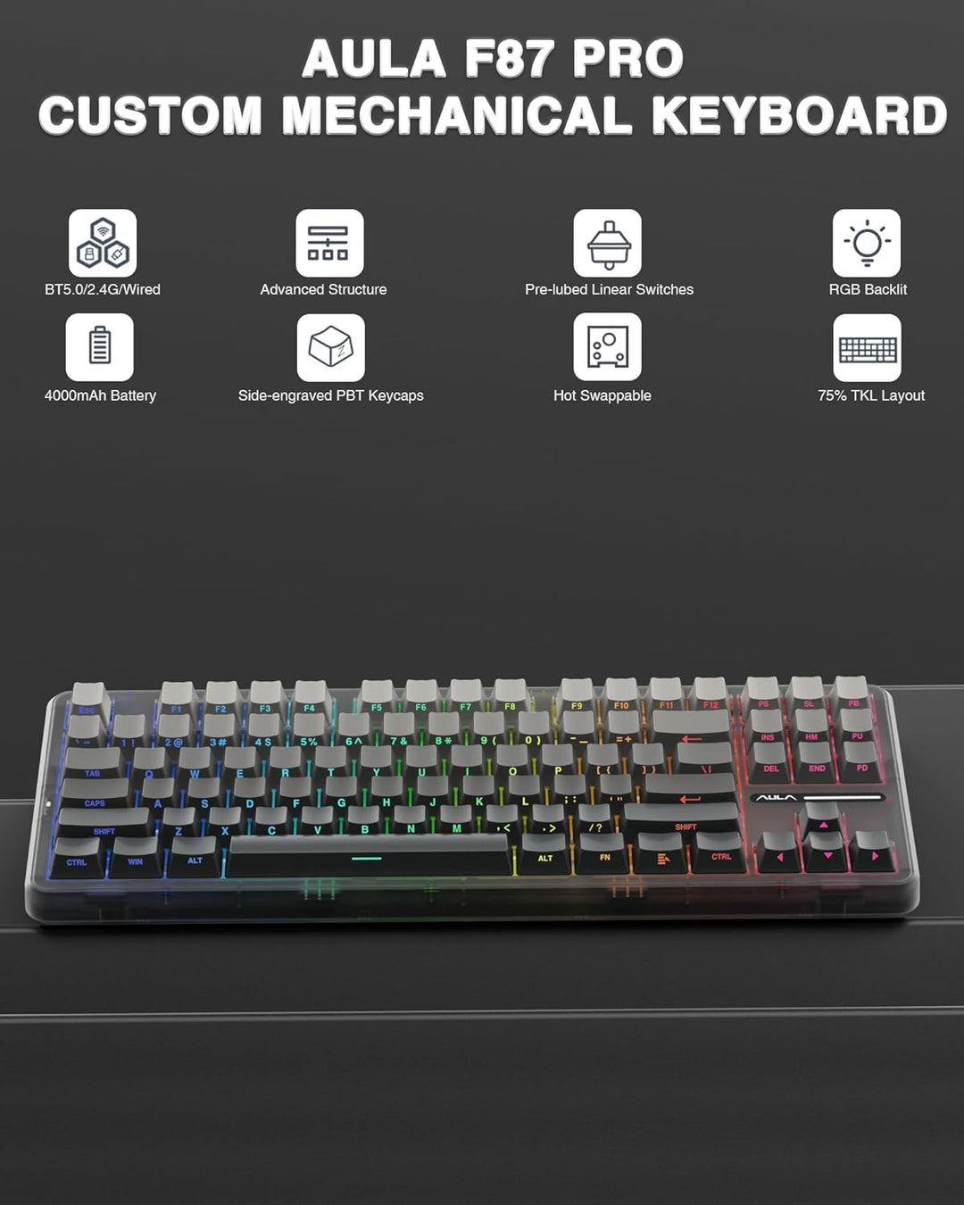 AULA F87 Pro Teclado Mecánico Inalámbrico, Teclado Personalizado In...