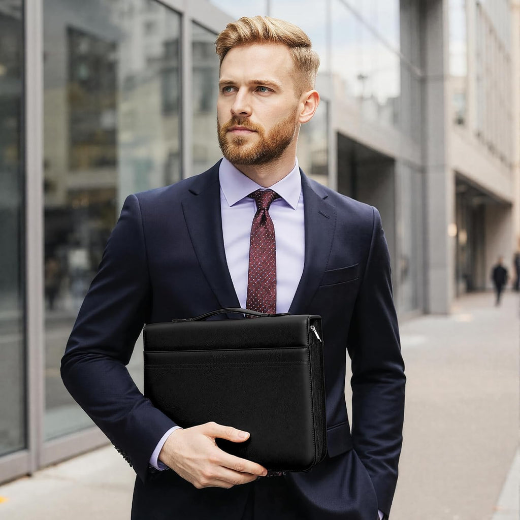 Carpeta de piel sintética con asa y calculadora solar, organizador de carpetas de 3 anillos con cremallera con bloc de notas y portapapeles, cuaderno profesional de currículum de negocios para
