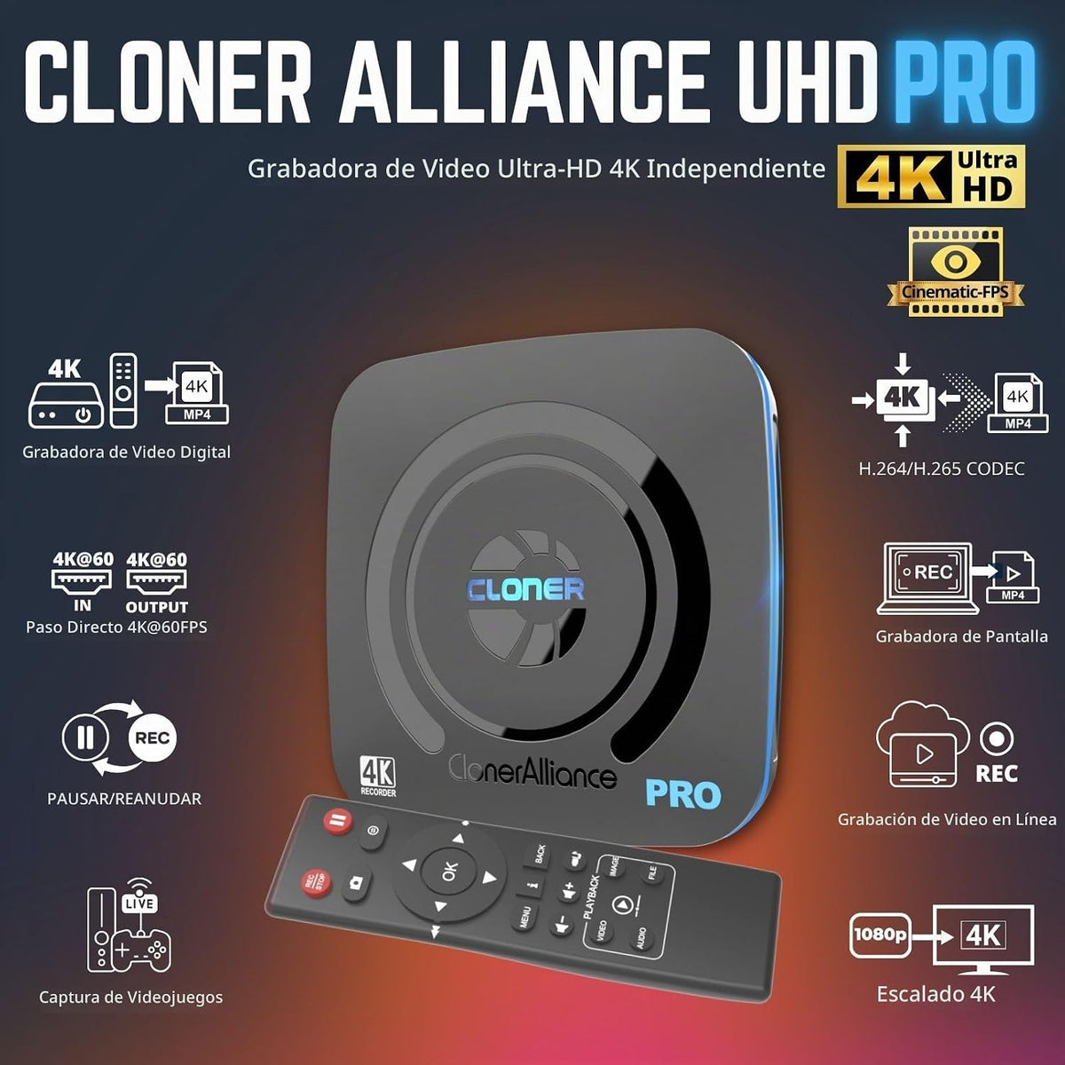 UHD Pro, grabadora de video 4K, DVR de captura HDMI con códec H.265/H.264, grabación cinemática de 4K a 24 fps (hasta 4K @30 fps), no requiere PC.