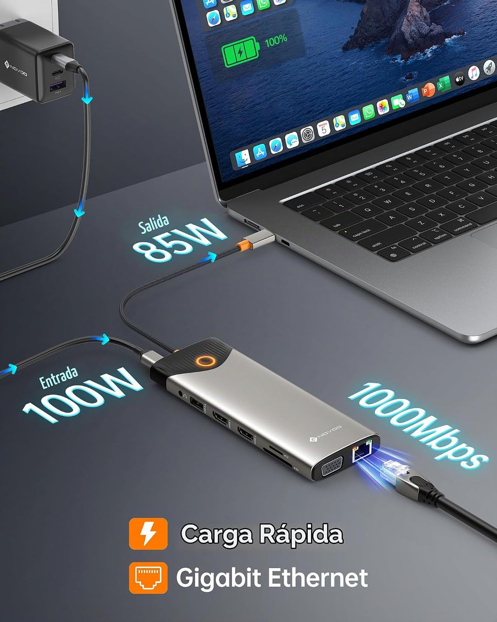 NOVOO Estación de acoplamiento USB C con monitor doble, estación de acoplamiento para laptop 15 en 1, 3 monitores con 2 puertos HDMI, VGA, USB C/A, 100 W PD, RJ45, SD/TF y audio, adaptador multipuerto