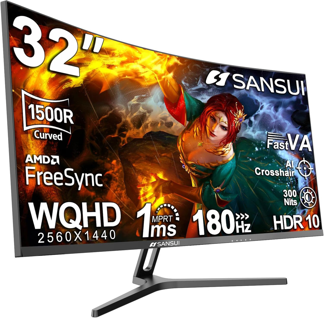 SANSUI Monitor de juegos curvo de 32 pulgadas WQHD 2560 x 1440 180H...
