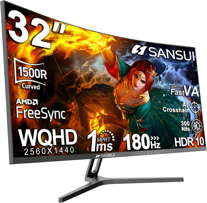 SANSUI Monitor de juegos curvo de 32 pulgadas WQHD 2560 x 1440 180H...
