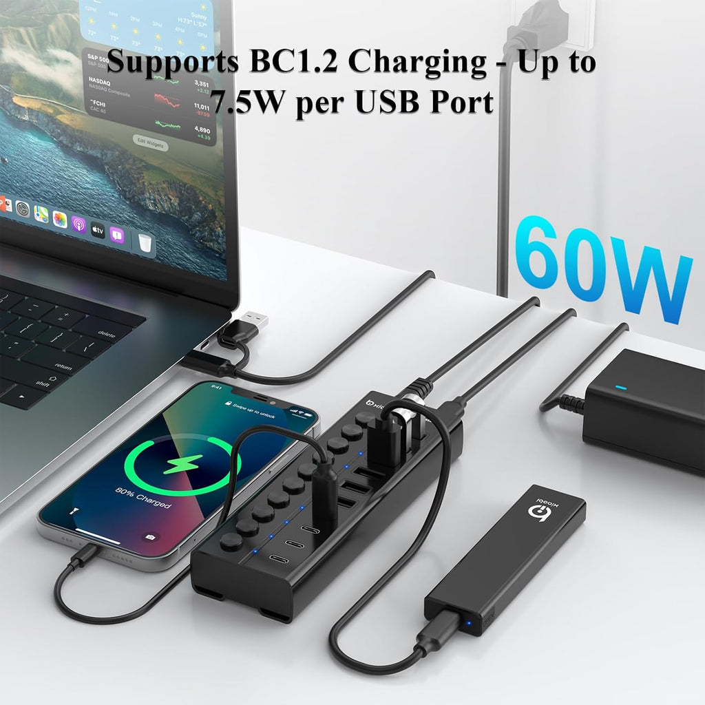 xiaobi, hub USB 3.2 de 10 puertos, alimentado, adaptador 12V/5A