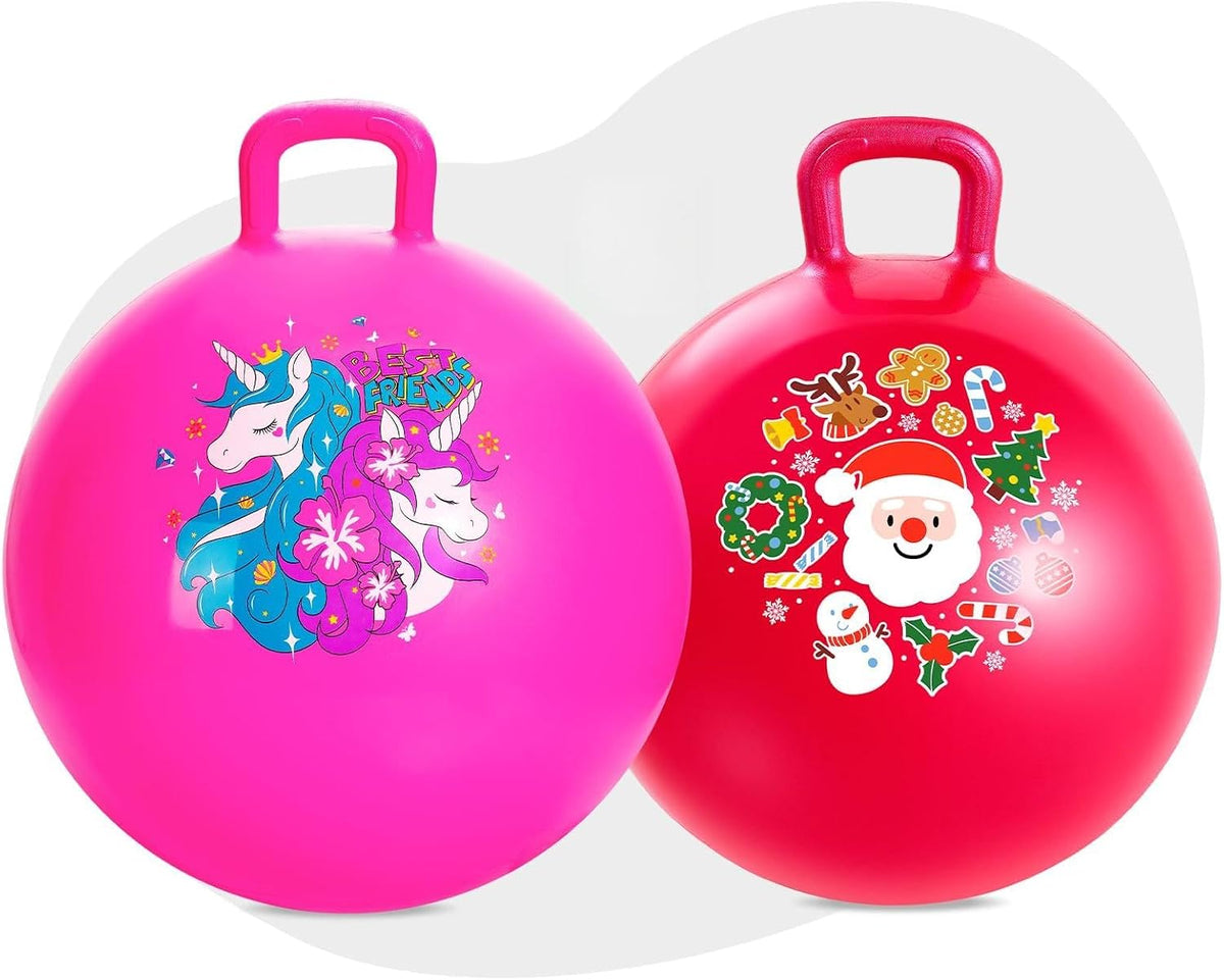 Paquete de 2 bolas de tolva de 18 pulgadas (unicornio rosa + Papá Noel rojo), pelota inflable con mango para niños de 3 a 8 años, paquete de juguetes inflables de equitación con bombas, ideal
