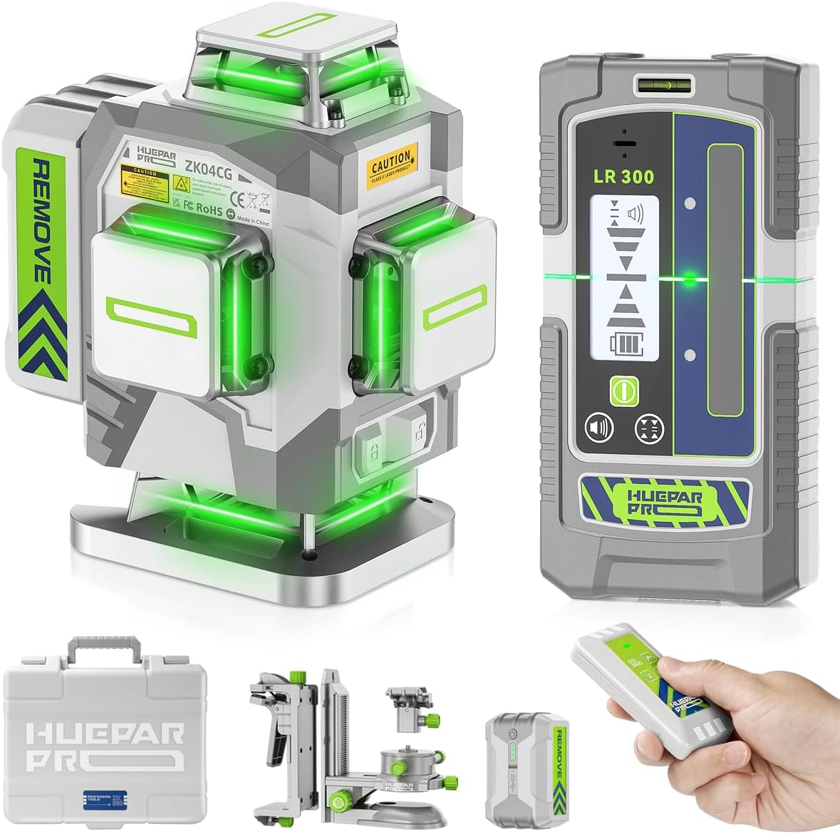 Huepar Pro Nivel láser 360 autonivelante, 4x360° verde Cross Line juego de herramientas láser con receptor para uso al aire libre y larga distancia hasta 660 pies