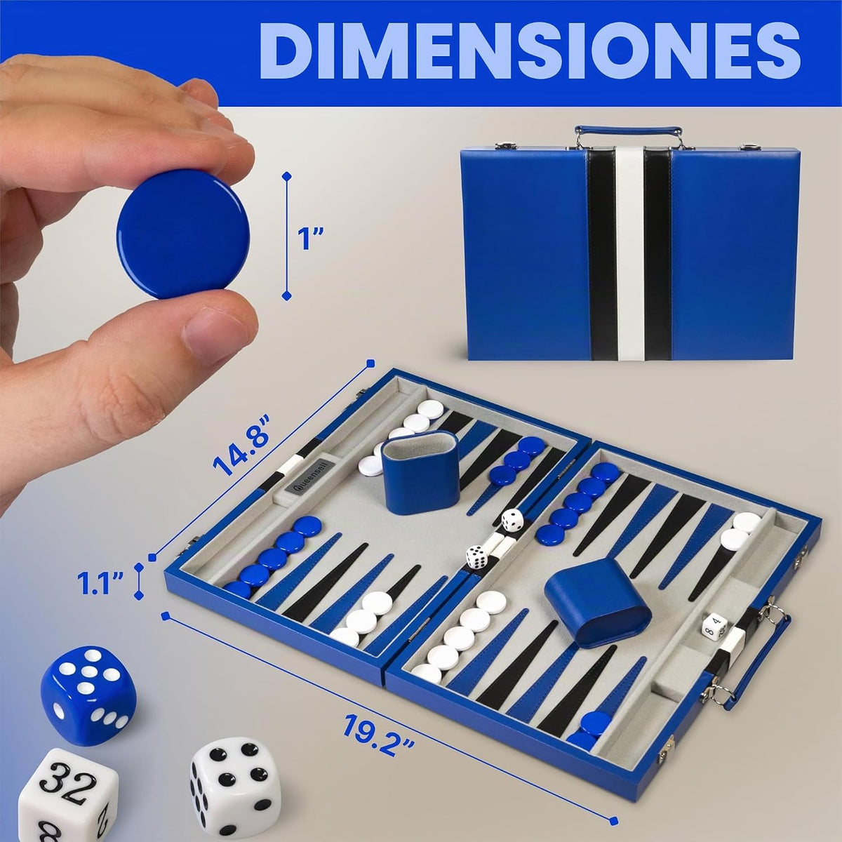 Juegos grandes de backgammon azul para adultos, juegos de mesa clásicos para 2 jugadores, adultos y niños, juego de backgammon premium de 15 pulgadas y 32 piezas de backgammon en funda de piel sintética de calidad