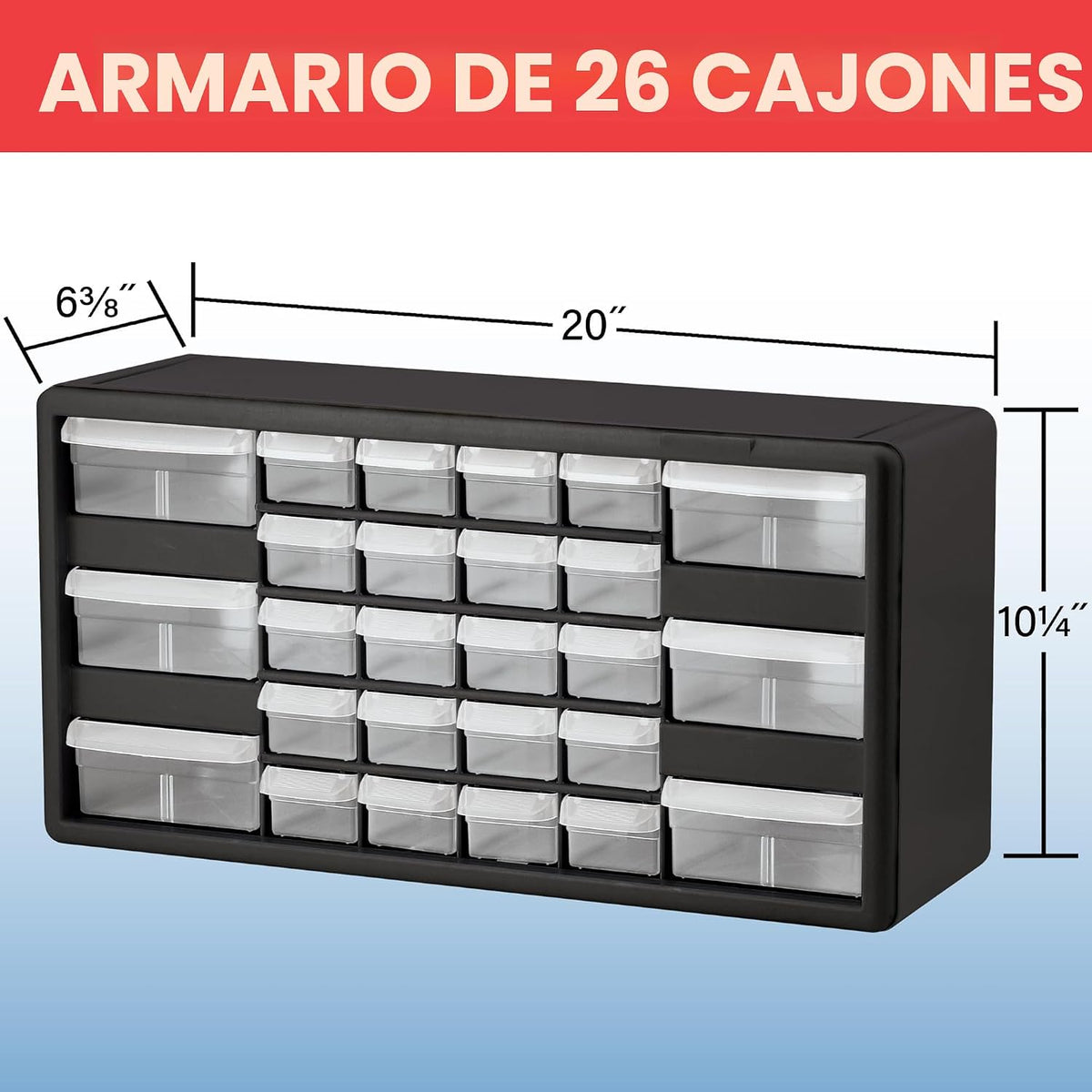 Repisa para almacenamiento de piezas, de plástico, con 26 cajones Akro-Mils 10126REDBLK20, de 20 pulgadas x 10-1/4 pulgadas x 6-3/8 pulgadas, rojo o negra