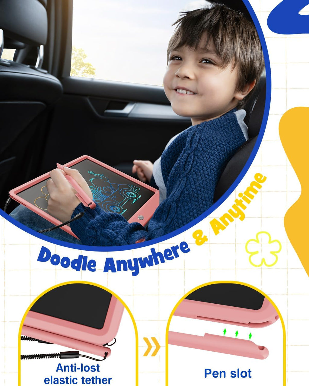 Tableta de Escritura LCD de 12 Pulgadas, Tableta de Dibujo Colorida para Garabatos, Almohadilla de Escritura Borrable y Reutilizable, Educativa para Niñas y Niños de 3-8 Años (Rosa)