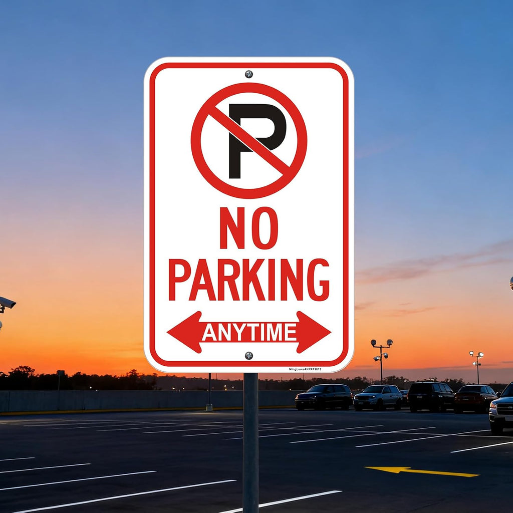 Paquete de 4 letreros grandes de no estacionar en cualquier momento con flecha, aluminio reflectante sin óxido, 18 x 12 pulgadas, resistente a la intemperie y a la decoloración para control de tráfico