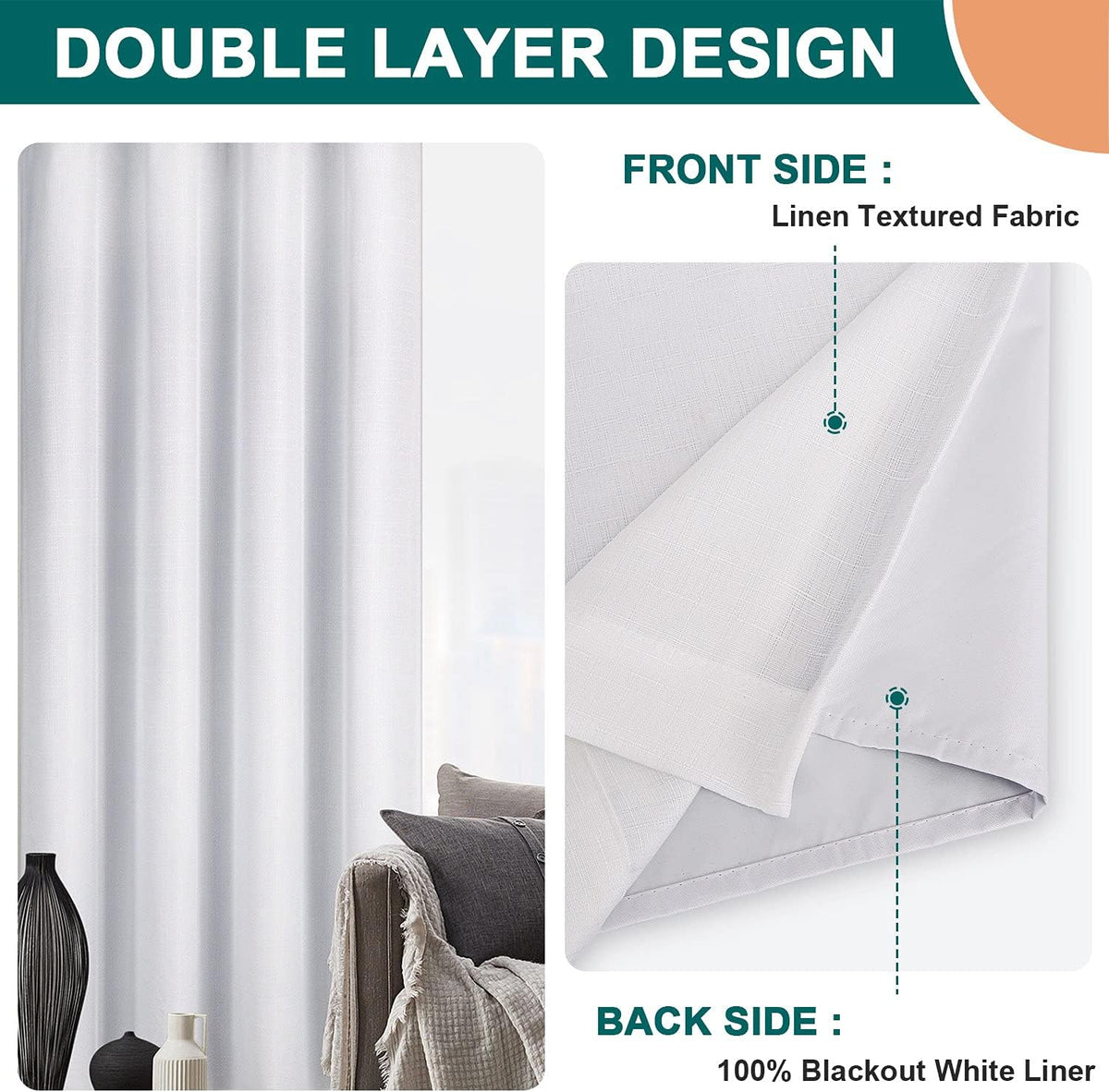 Diraysid Cortinas opacas de lino blanco 100% para dormitorio con ojales, aislamiento térmico y cortinas de oscurecimiento (2 paneles, 52.0 x 84.3 in)