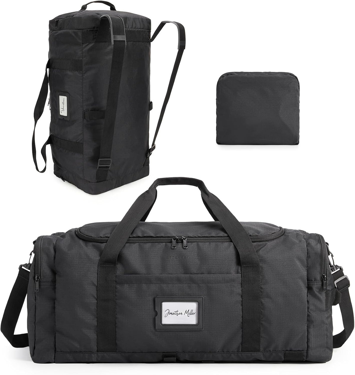 BAGSAMRT - Bolsa de lona plegable de 60 litros para viajes, bolsa de viaje grande para hombres, mochila de viaje 4 en 1, bolsa de transporte para fin de semana, color negro