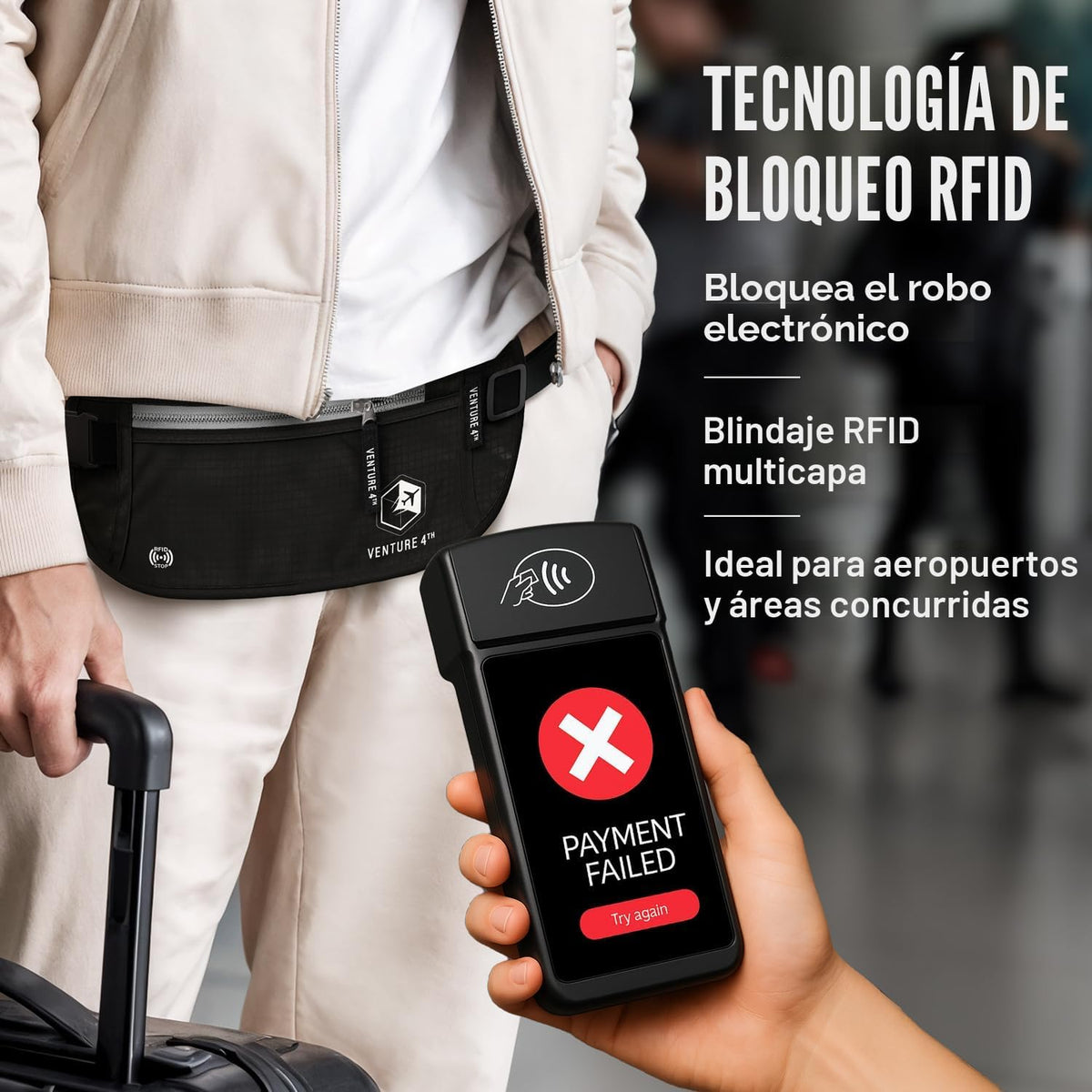 VENTURE 4TH Cinturón de dinero de viaje, RFID bloqueo pasaporte titular - negro