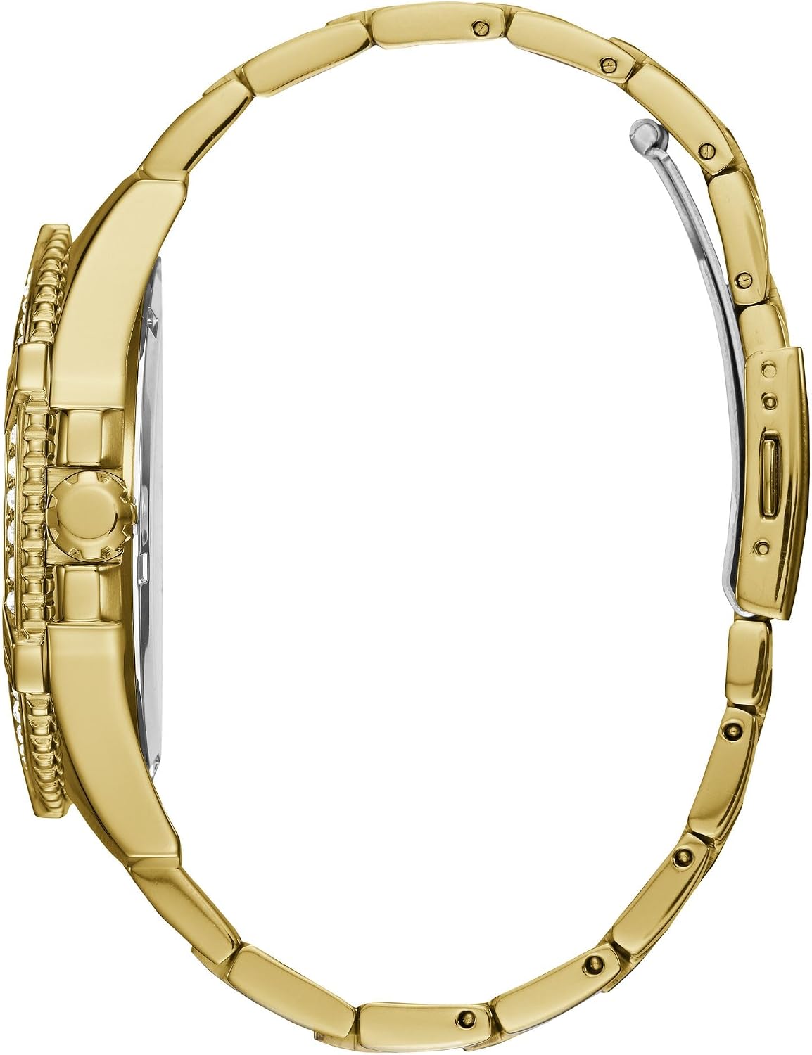 GUESS Reloj de pulsera de acero inoxidable dorado con cristal adornado con día