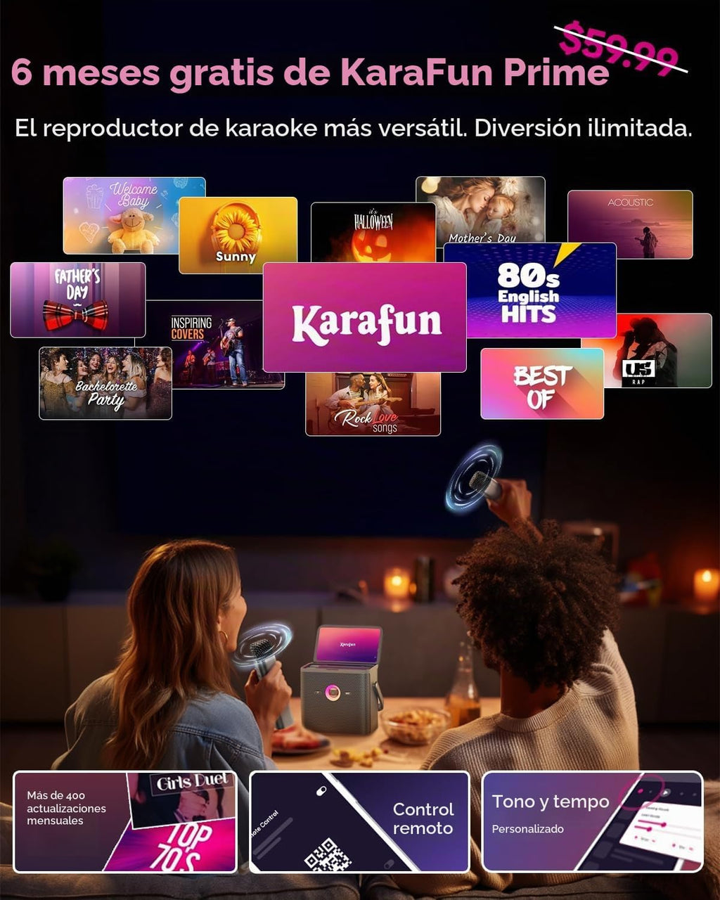 Máquina de Karaoke Ikarao para Adultos, con Pantalla de Letras y Pantalla, Sistema de Karaoke para YouTube, 2 Micrófonos Inalámbricos, Autotune y Eco, KaraFun Prime, Altavoz de Karaoke Portátil para
