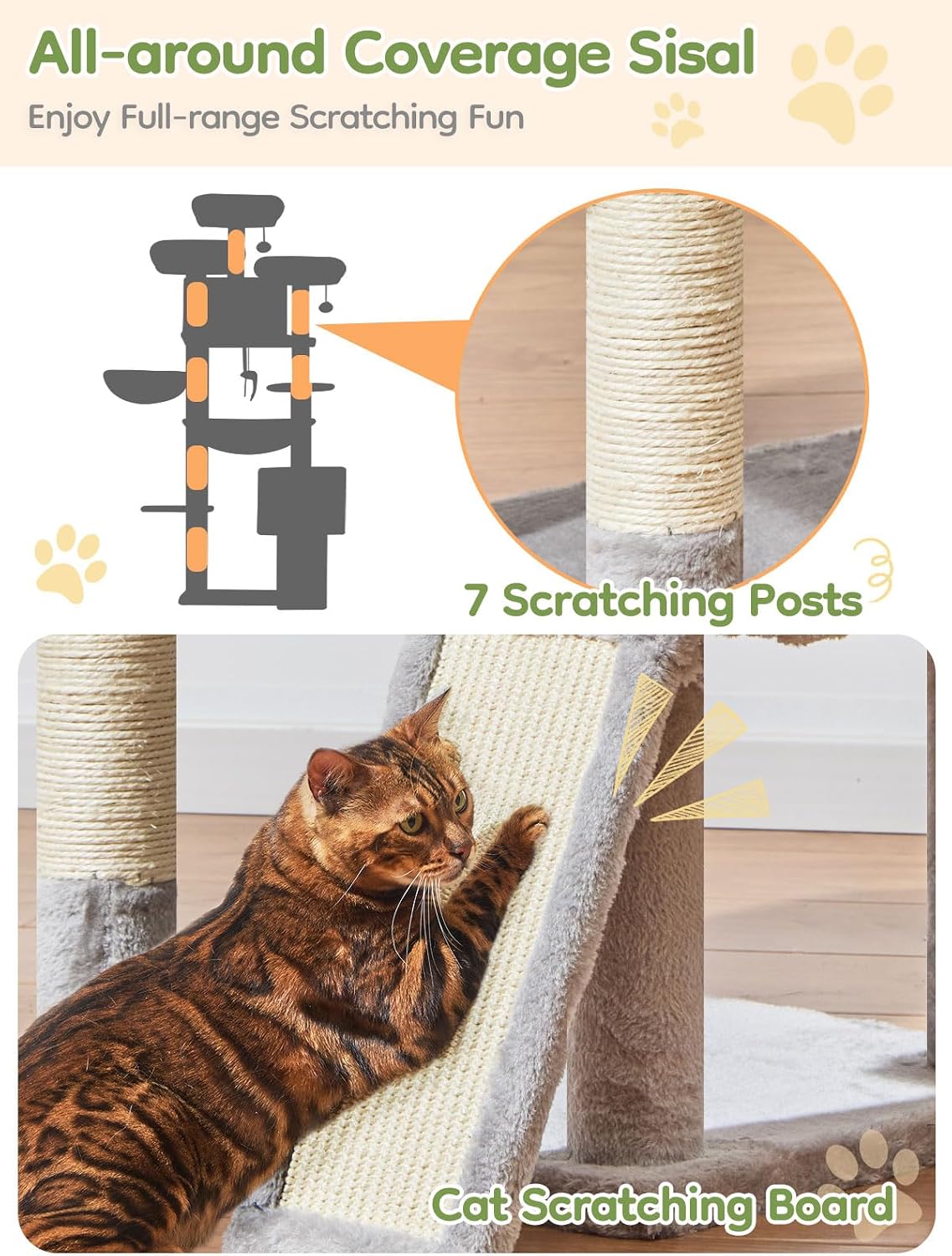 Taoqimiao Árbol para Gatos Alto, 76In Torre para Gatos Grandes, 3 Plataformas Acolchadas