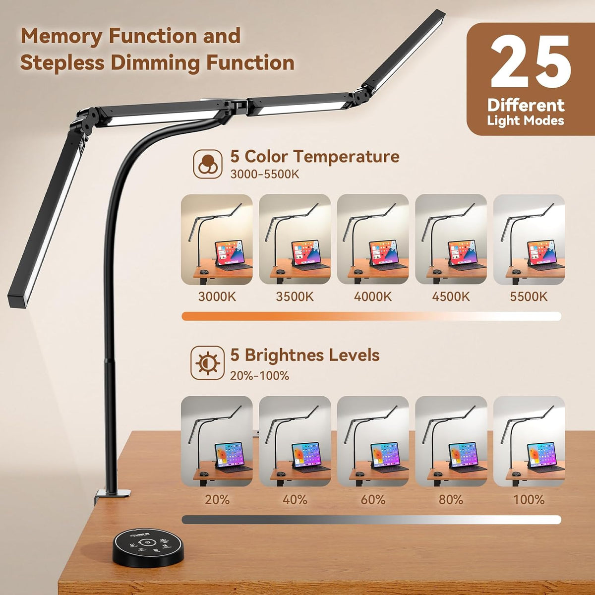 Lámpara Lámparas de escritorio LED para oficina en casa - Lámpara de arquitecto de cuidado de los ojos con abrazadera, monitor de computadora de doble cabezal Luz de escritorio de trabajo con control remoto: Lámpara de mesa de escritorio flexible