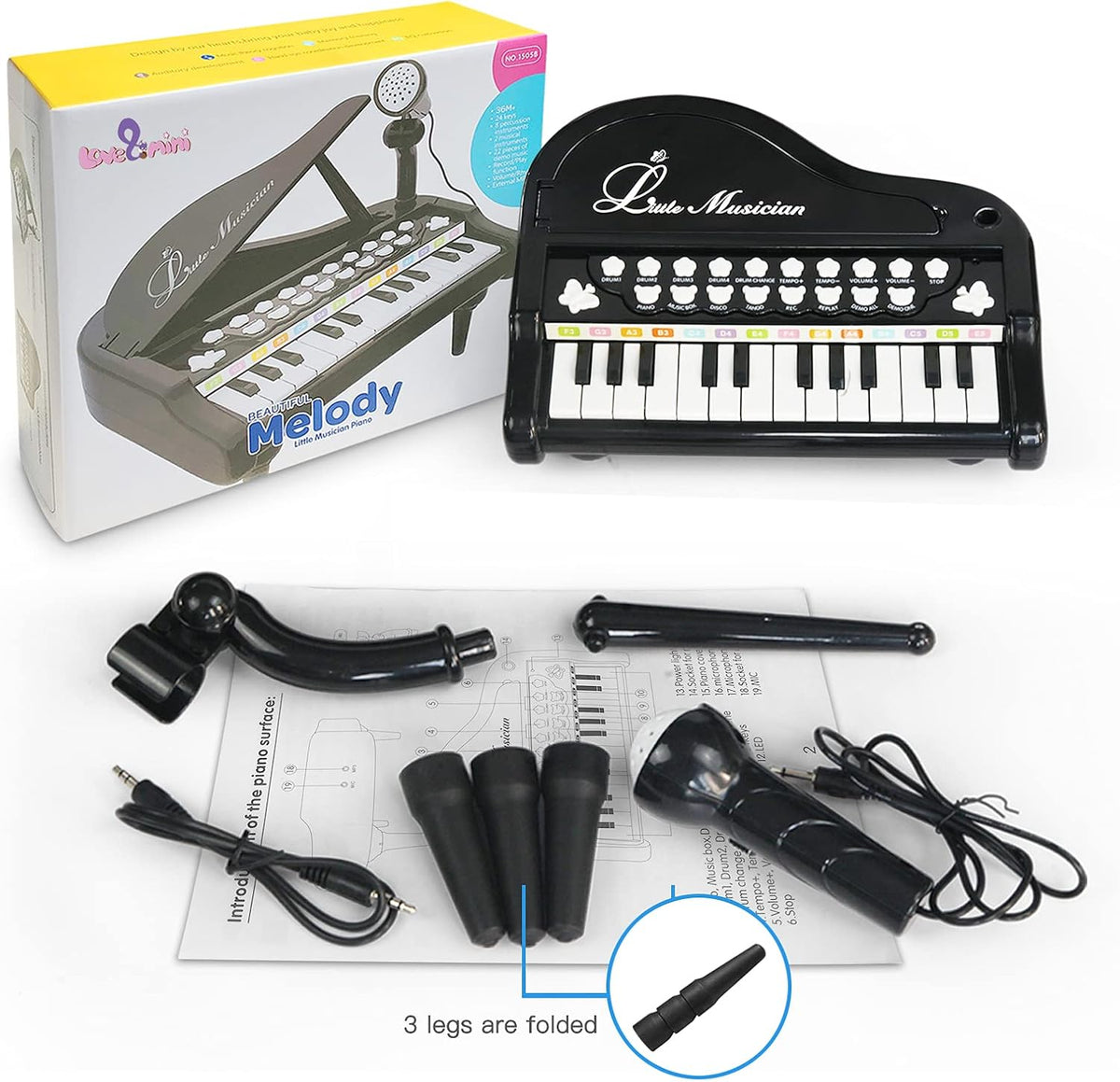 Piano de juguete de 24 teclas para niños, instrumento musical elctrónico educativo con micrófono