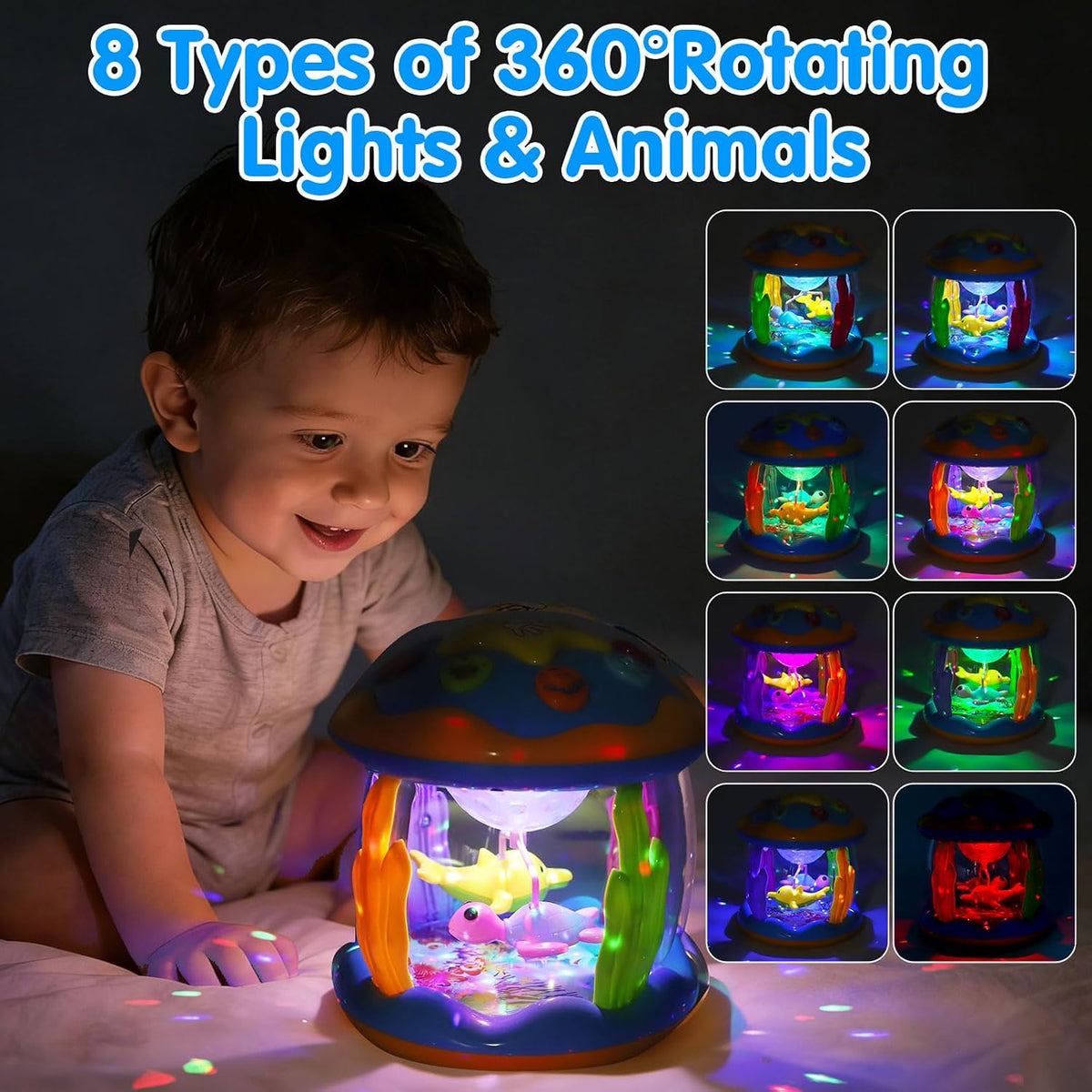 Juguetes para bebés y niños, proyector musical giratorio con luz boca abajo, juguetes para bebés, acuarios, juguetes para gatear, recién nacidos, niños y niñas, regalos de cumpleaños