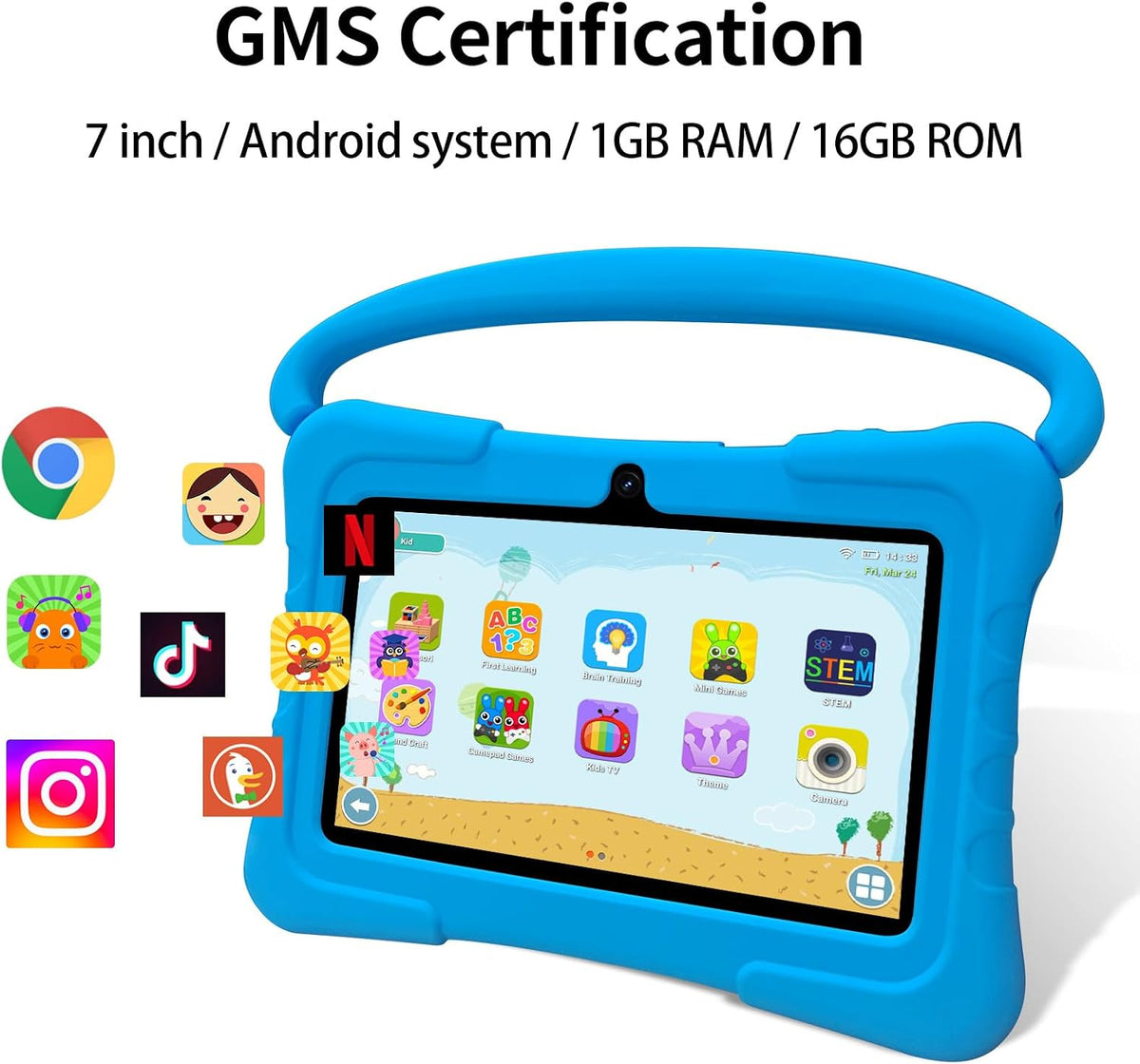 Tablet Kids de 7 pulgadas con funda a prueba de golpes, 1 GB de RAM 32 GB ROM, tableta Android para niños pequeños con Bluetooth, GMS, WiFi, control parental, educativo, juegos (azul)