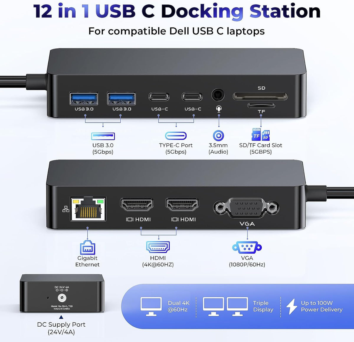 Rocketek Estación de acoplamiento para portátil Dell Dual HDMI+VGA con