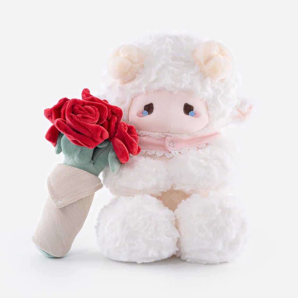 Peluche de cordero blanco de 11.4 pulgadas con ramo extraíble de rosas rojas, Oveja-Rosa Roja