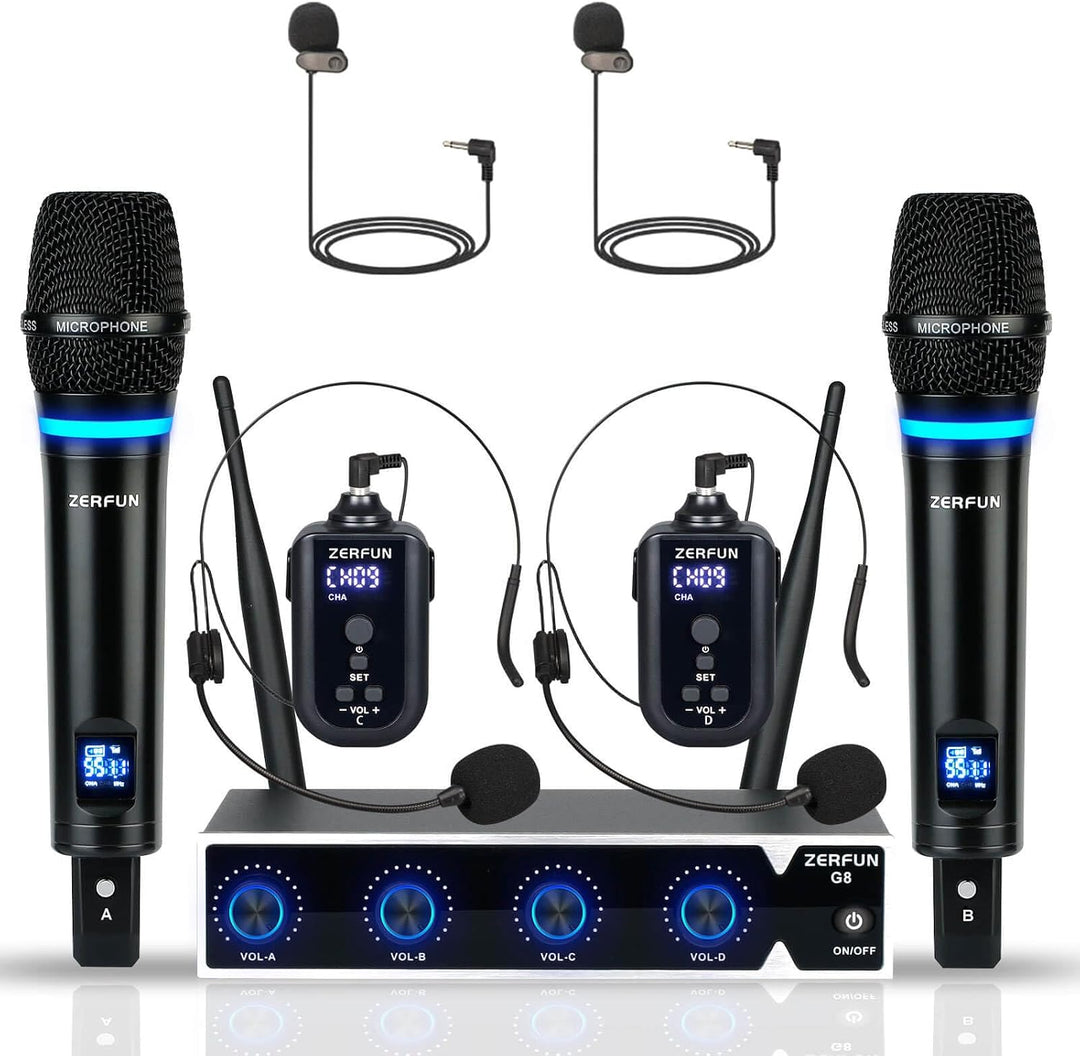 Sistema de micrófono inalámbrico recargable ZERFUN 4 canales Pro, m...