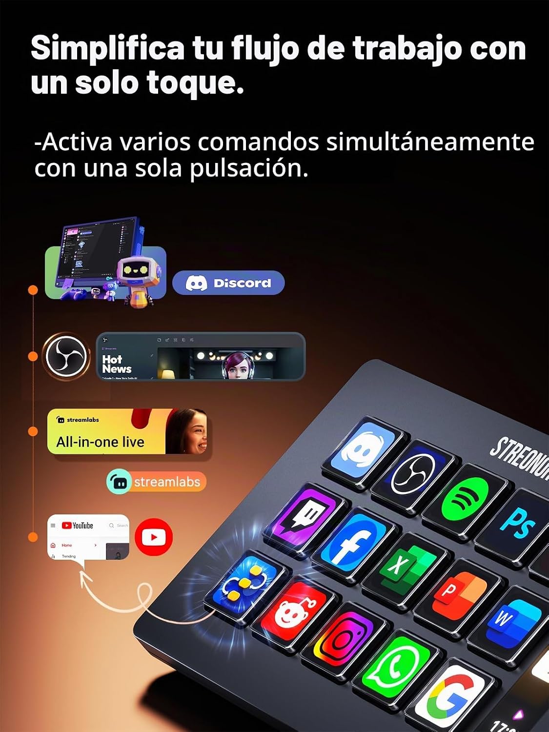 S15 Controlador de Transmisión, Panel de control de estudio LCD de 15 teclas, Negro