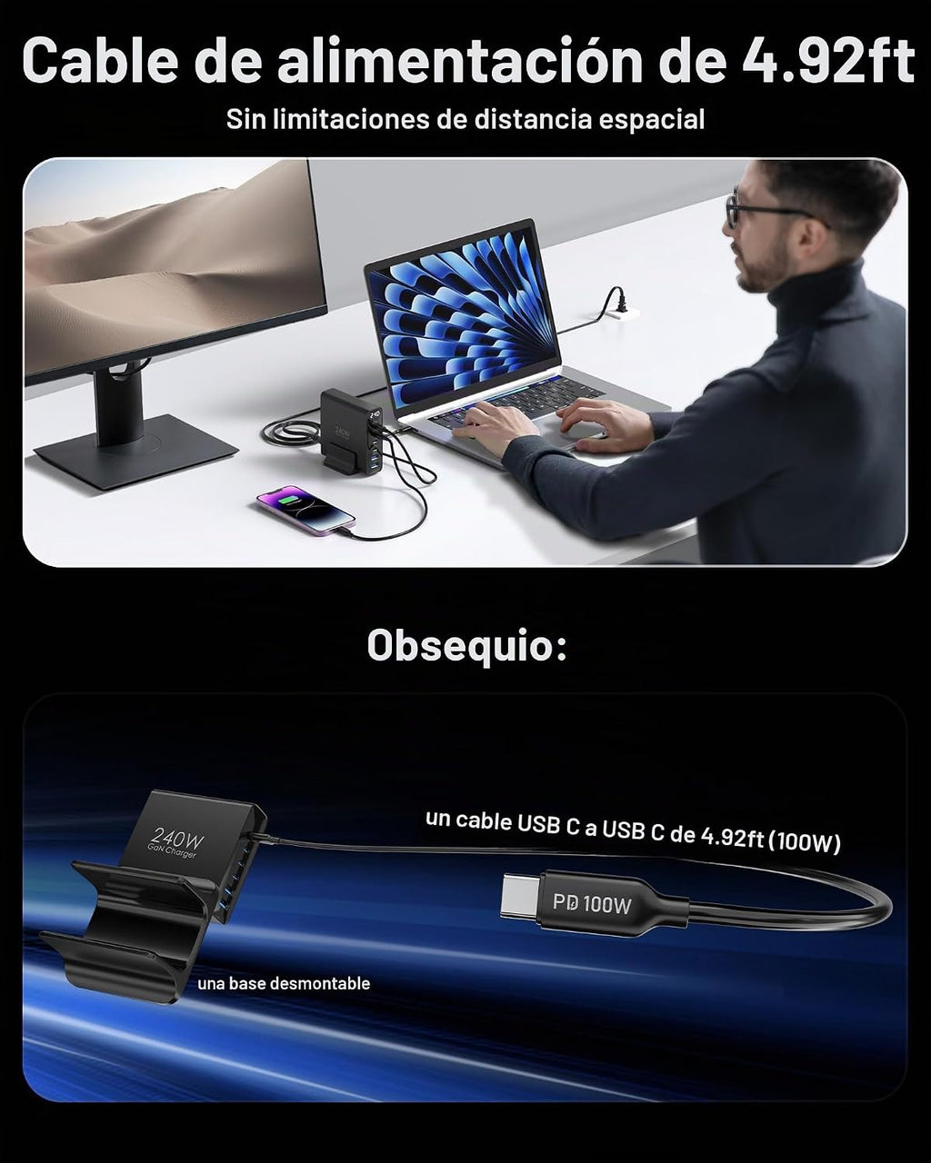 TOPADRE Cargador USB C de 240 W con pantalla, estación de carga de 6