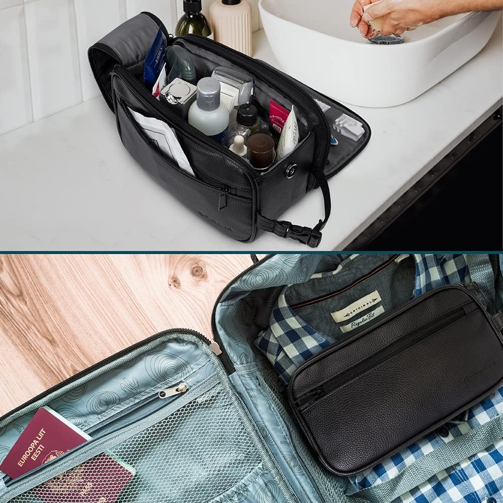 PAVILIA - Neceser para hombre, kit de afeitado para viaje, neceser de viaje para hombres, organizador de artículos de aseo para el cuidado personal, bolsa de cosméticos de cuero sintético resistente