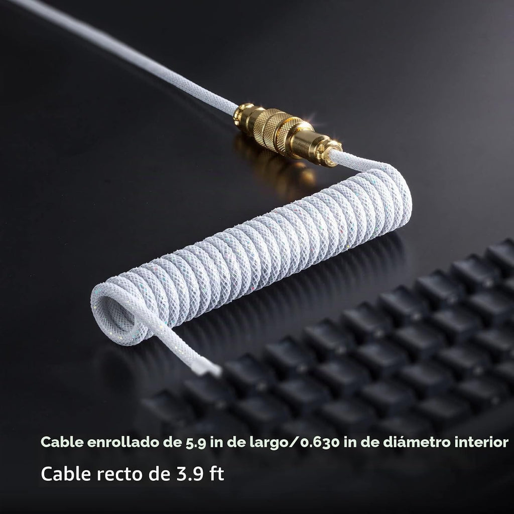 Cable de teclado en espiral USB C Starlight para teclado de juegos, cable de teclado mecánico de doble funda con aviador metálico desmontable, 1.5M USB-C a USB-A, color blanco con conector de