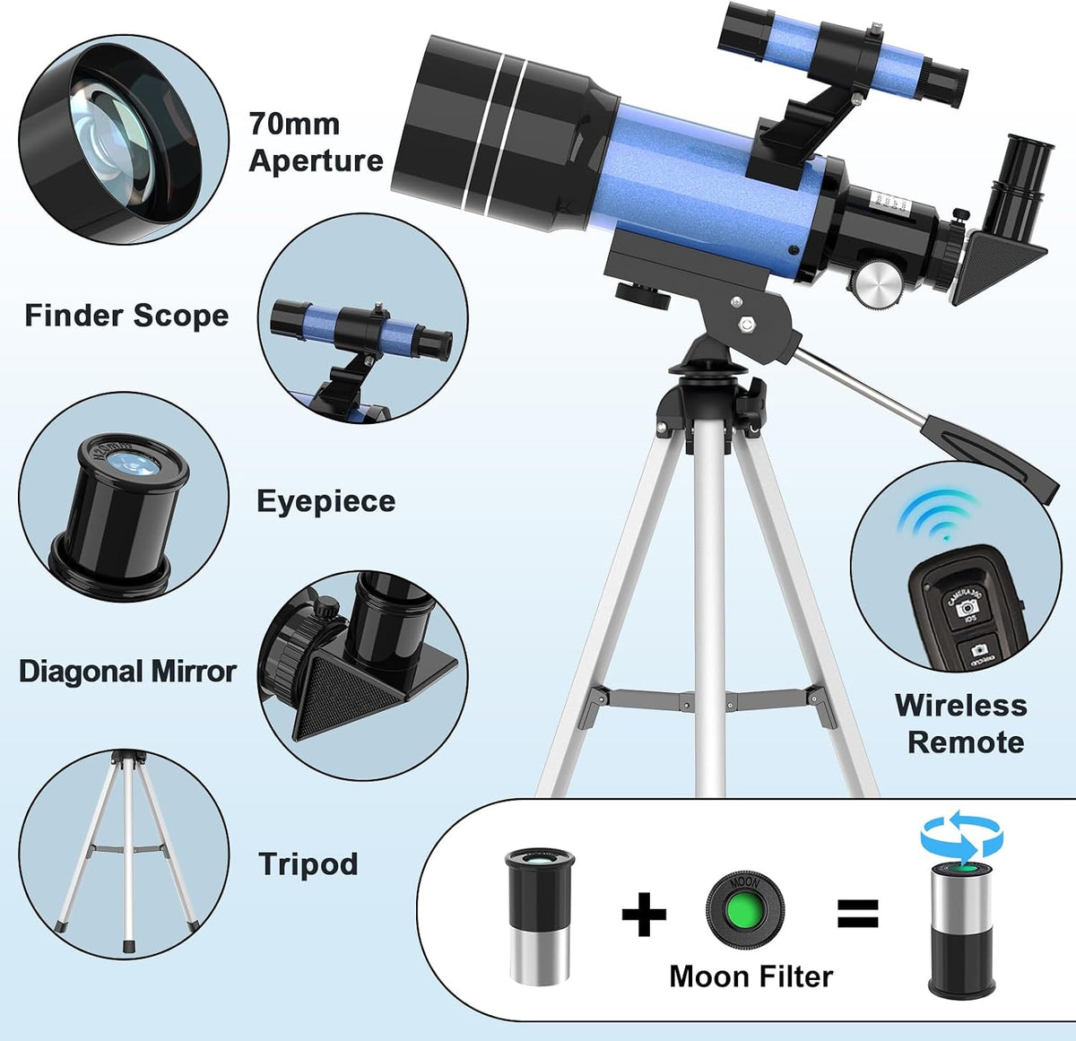 Telescopio para niños, telescopios de apertura de 2.756 in para adultos (15X-150X) con óptica FMC, telescopio refractor astronómico de 11.811 in para principiantes con adaptador de teléfono