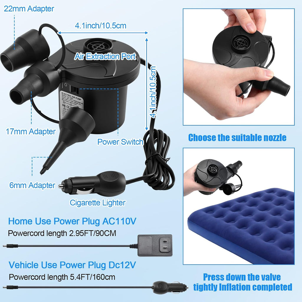 El juego de 4 piezas de tienda de campaña incluye tienda de campaña para 1-2 personas, saco de dormir, colchón de aire y bomba de aire eléctrica de 110 V CA/12 V con 3 boquillas, refugio fácil de instalar con mosca de lluvia y bolsa de transporte para
