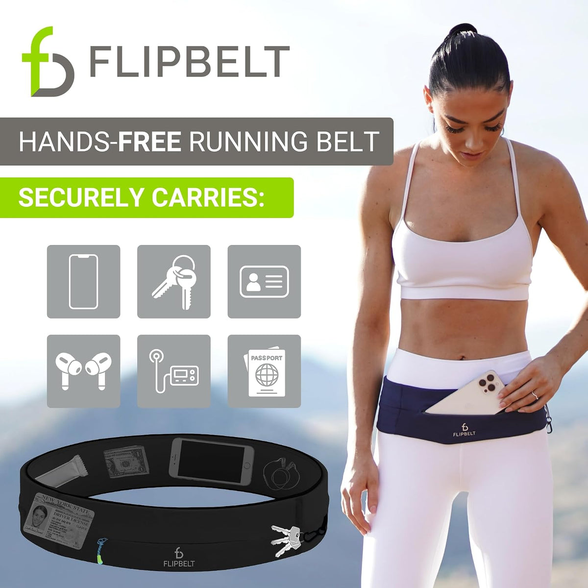 FlipBelt Cinturón para correr con cremallera, riñonera para fitness y correr, empresa estadounidense