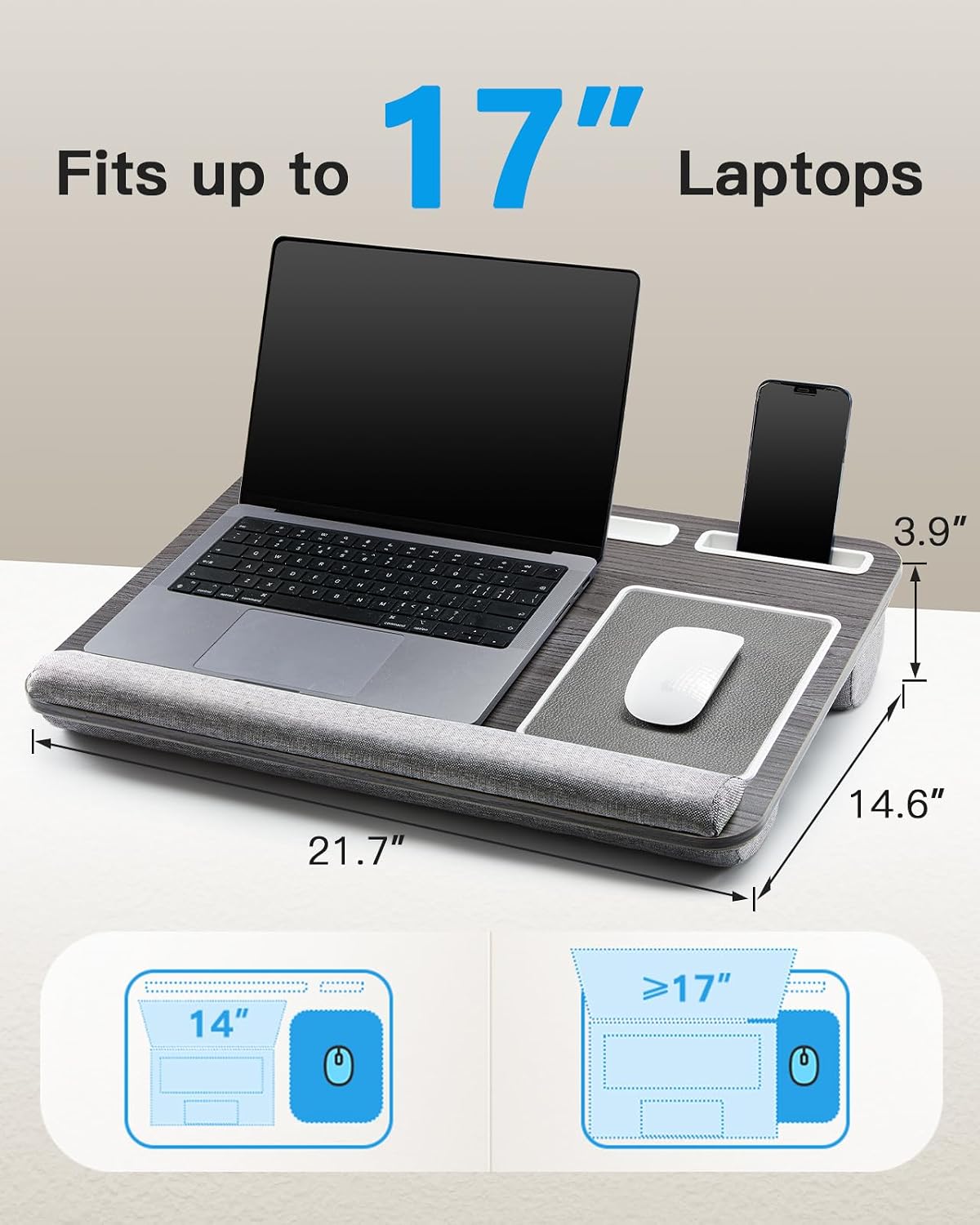 HUANUO - Escritorio portátil. Se adapta a laptops de hasta 17 pulgadas, almohadilla de muñeca integrada, para laptop, MacBook, tablet; soporte para laptop con sujeción para tablet, bolígrafo y teléfono (imitación de madera negra, grande)