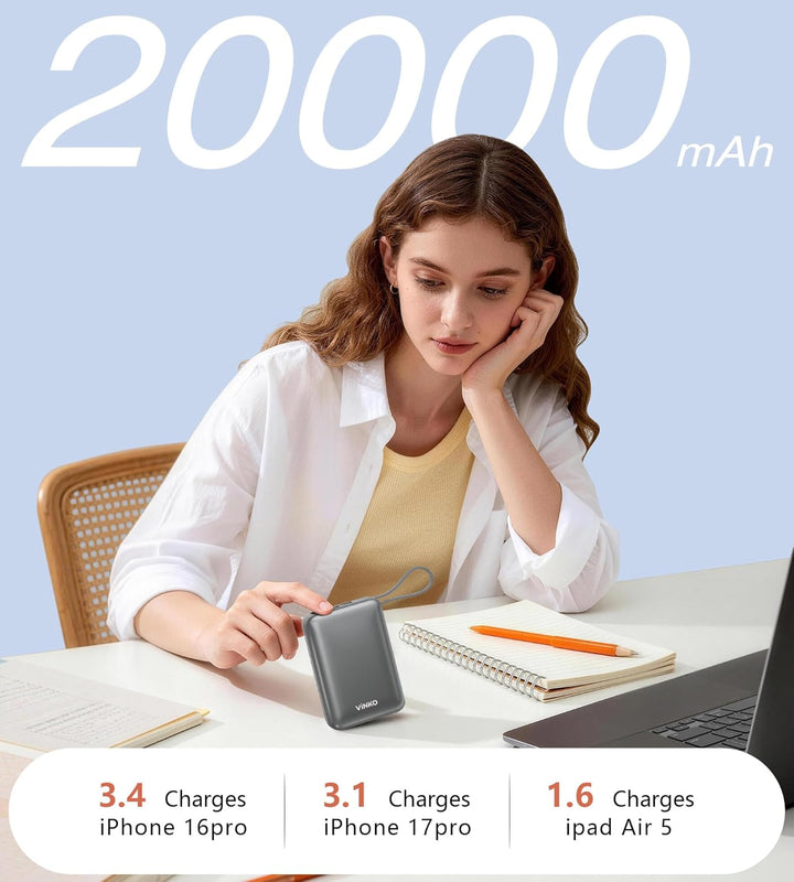 VINKO Cargador portátil con cable integrado de 22.5 W, 20000 mAh, c...