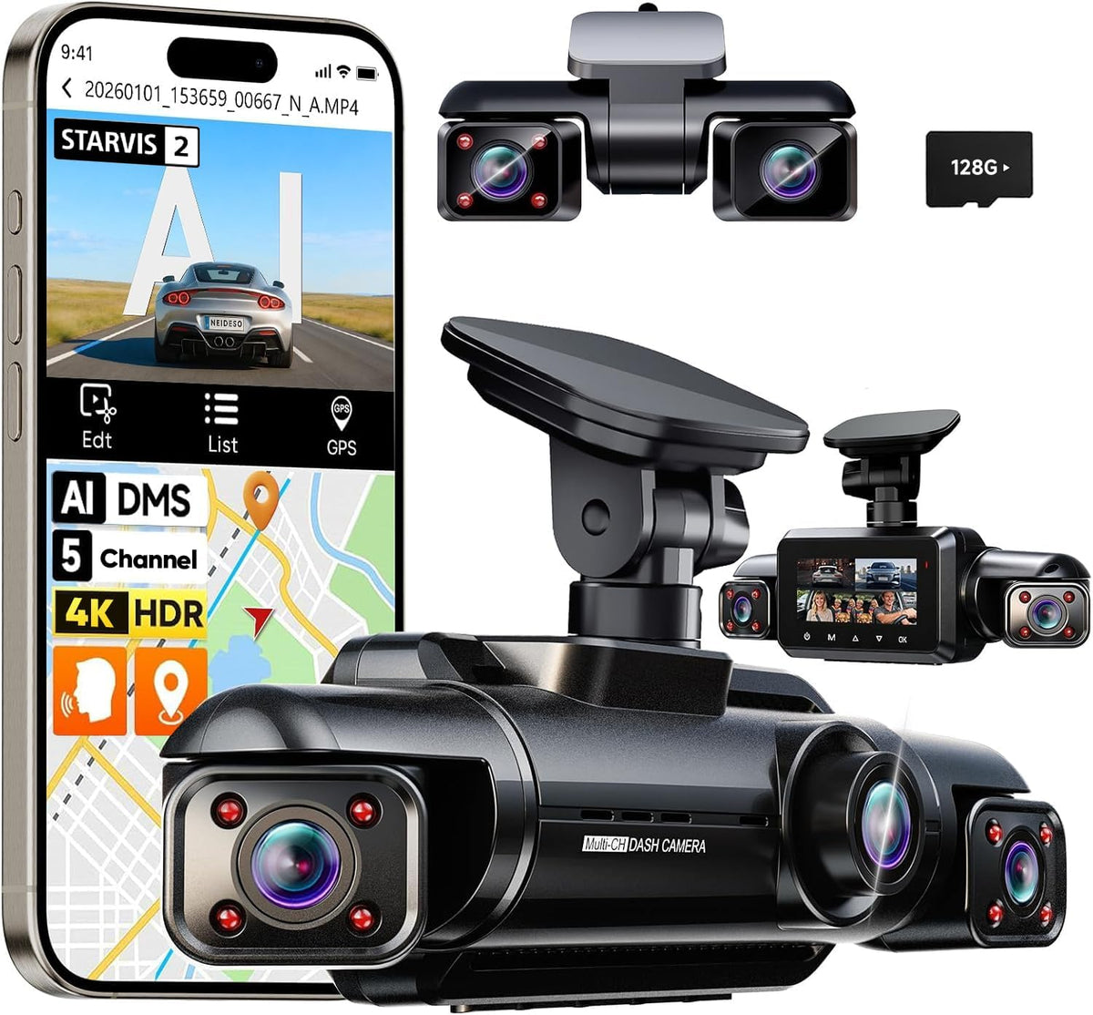Dash Cam frontal y trasera de 5 canales con vista 360°, 4K + 3 × 1080P