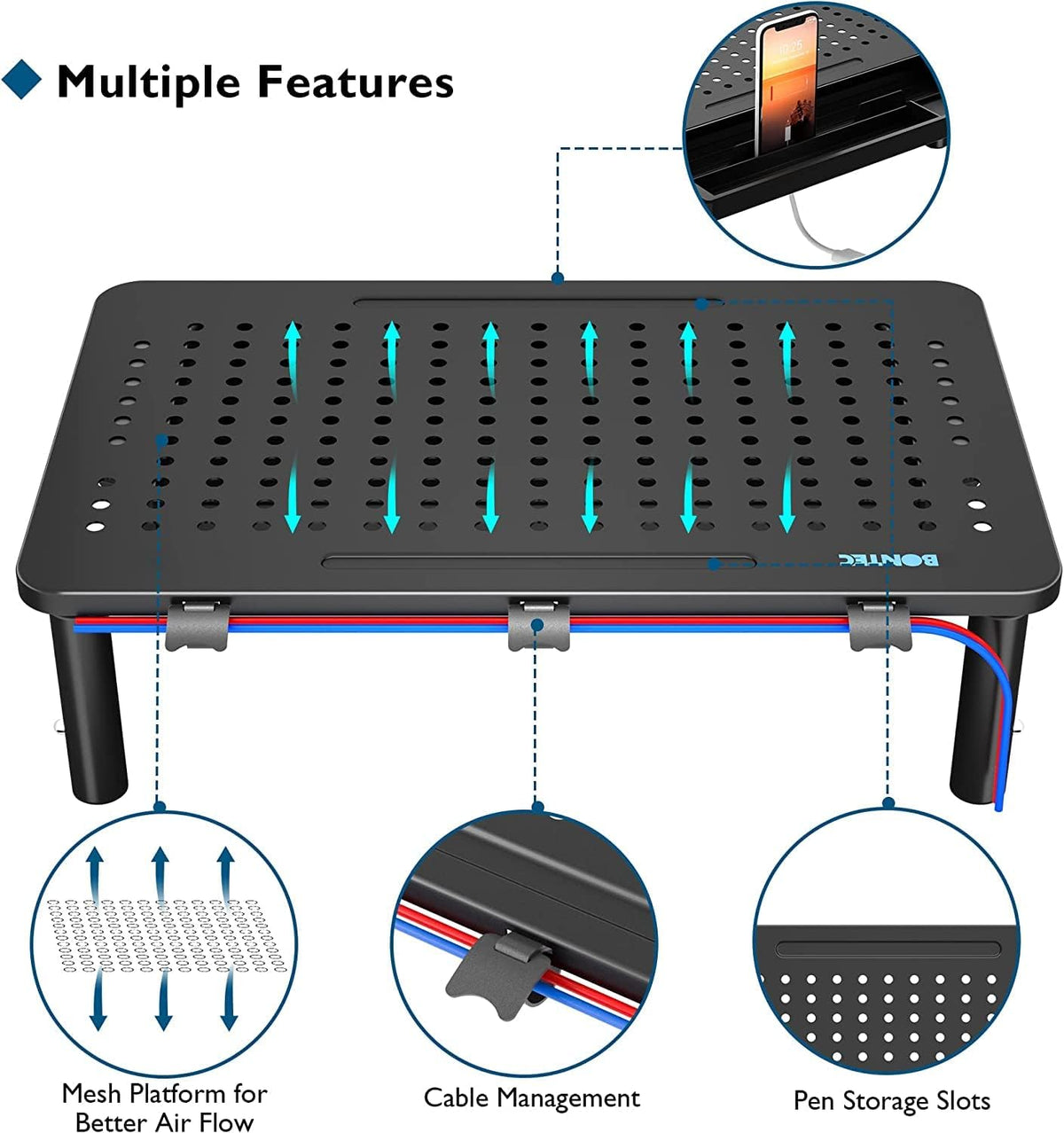 BONTEC Paquete de 4 soportes elevadores ajustables para monitor con cajón, soporta 44 libras