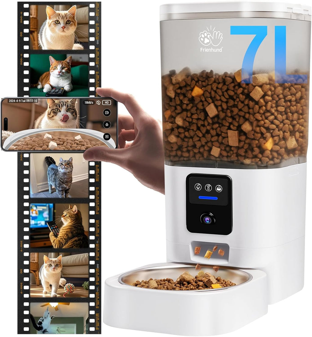 Frienhund Comedero automático para gatos con cámara 2K: alimentador automático para perros WiFi 5G con visión nocturna, dispensador de comida para gatos con contenedor grande de almacenamiento de