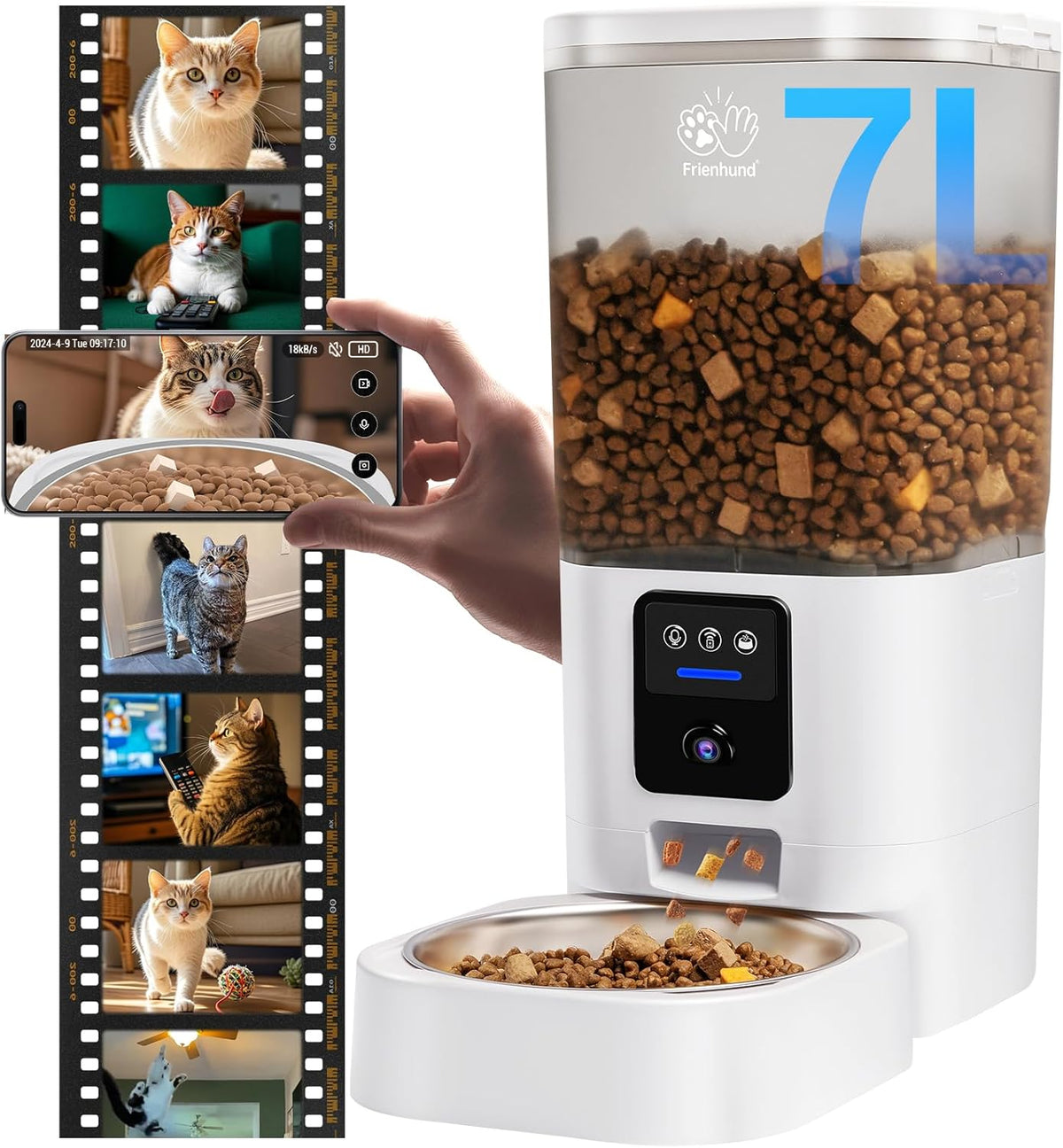 Frienhund Comedero automático para gatos con cámara 2K: alimentador automático para perros WiFi 5G con visión nocturna, dispensador de comida para gatos con contenedor grande de almacenamiento de
