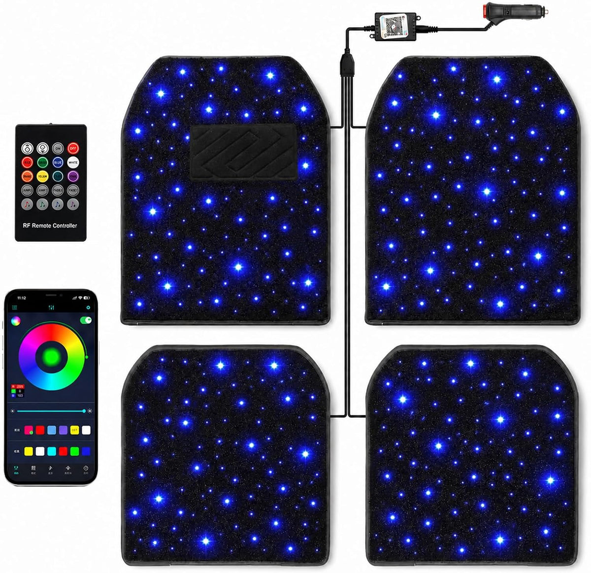 Alfombrillas LED para automóvil con control de aplicación, 100 modos de luz RGB, luces interiores de luz de estrellas de ajuste universal, impermeables, lavables, accesorios de automóvil para un