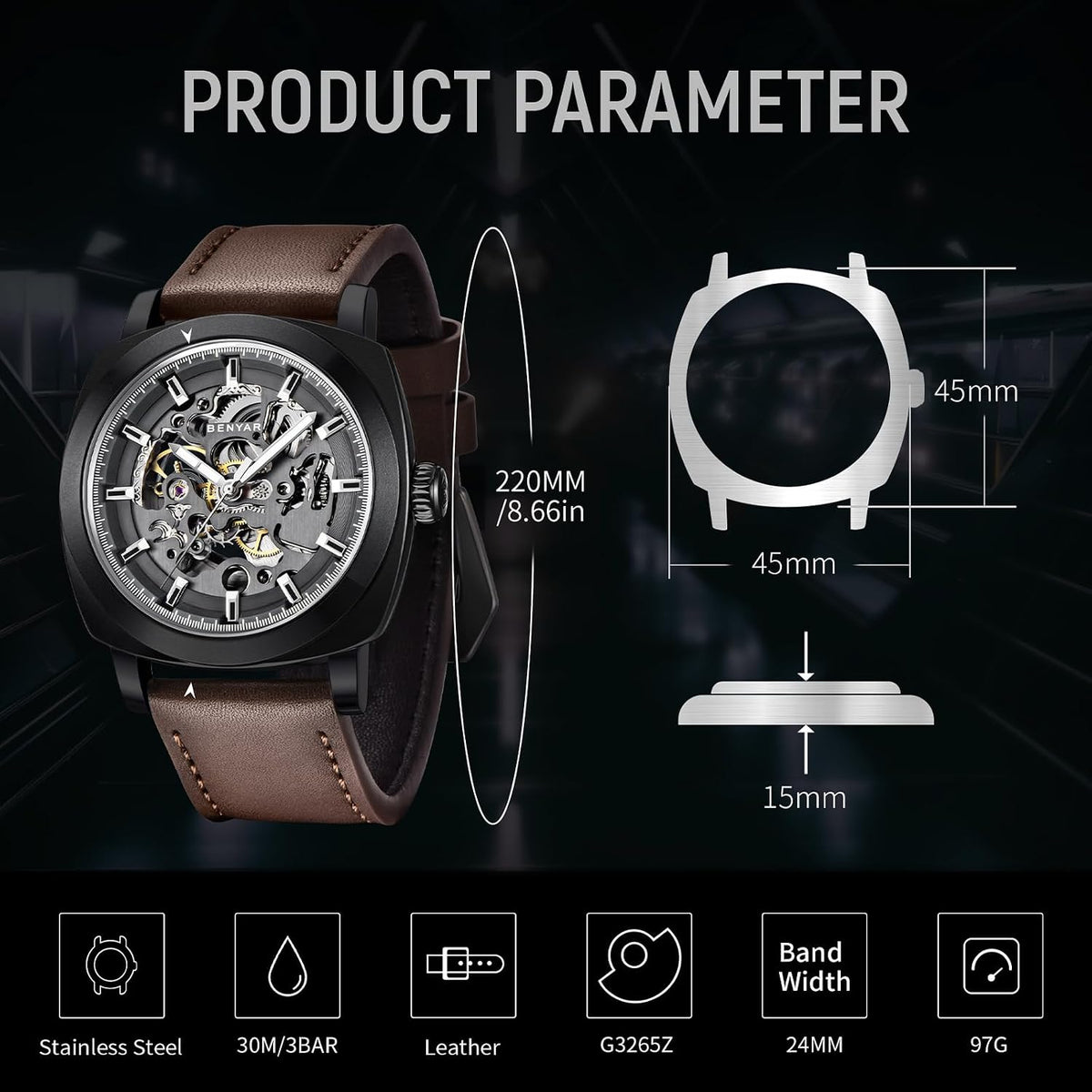BENYAR Reloj Automático Mecánico de Esqueleto para Hombre de Vestir