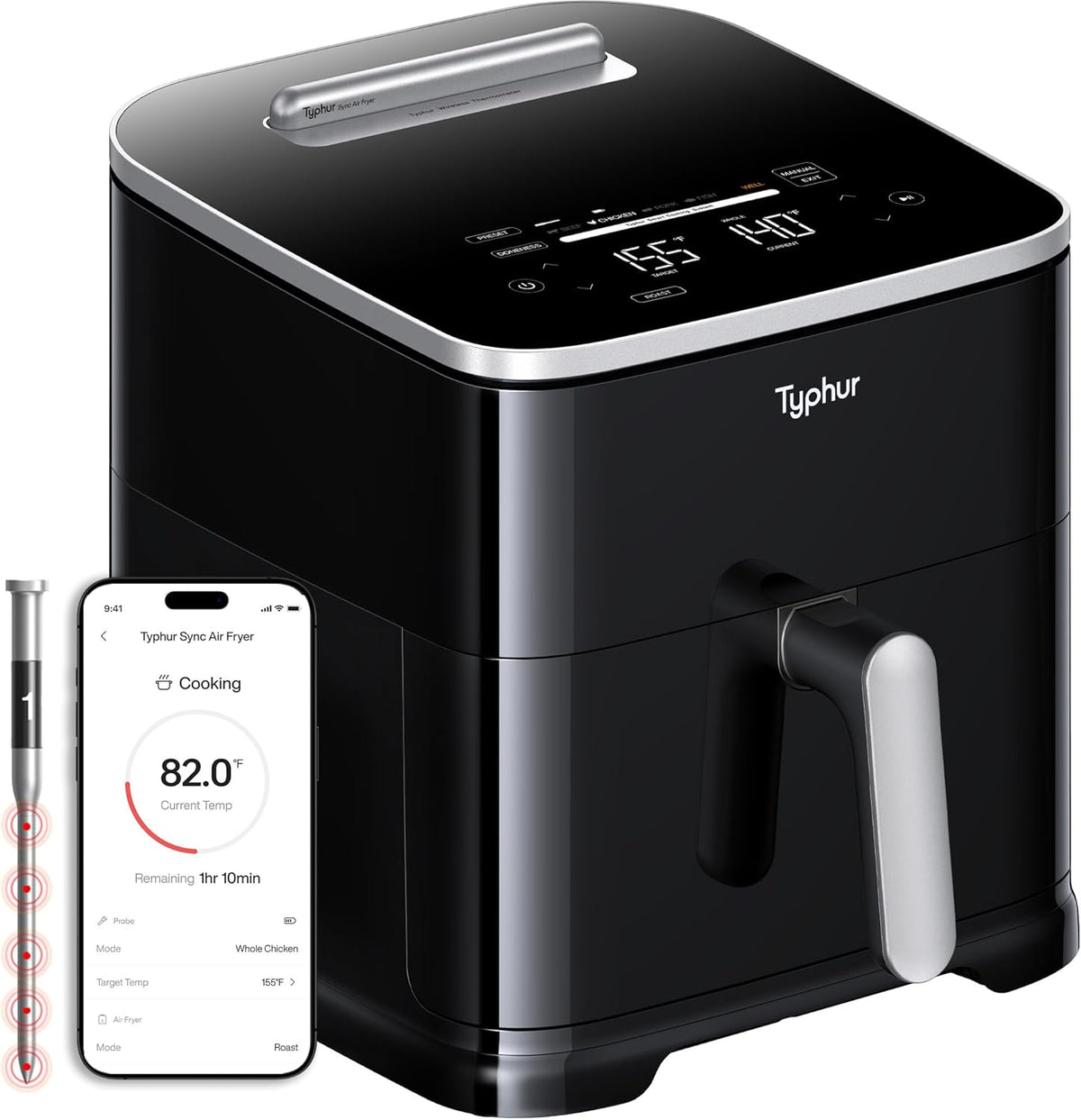 Typhur Freidora de Aire Sync de 8QT con Termómetro Inalámbrico Integrado para Carne, Freidora de Aire Inteligente de Cerámica No Tóxica 9-en-1 para Comidas Rápidas y Fáciles, 450°F Máximo, Cocina