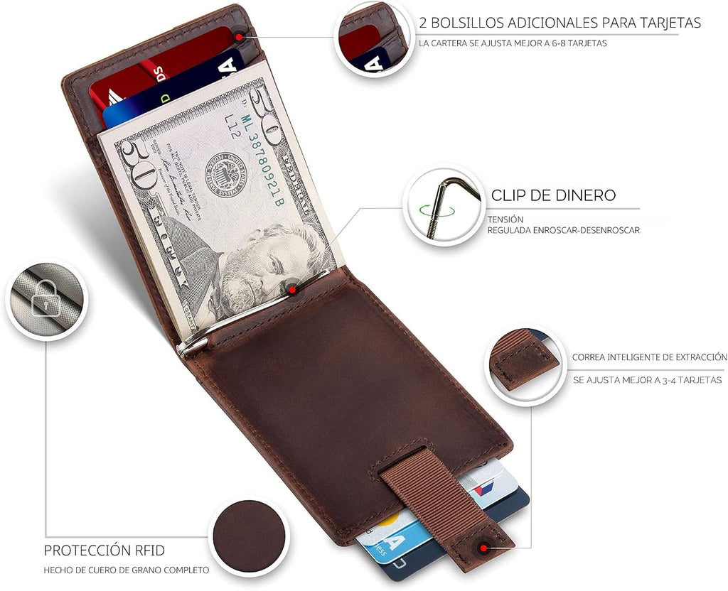 SERMAN BRANDS RFID Blocking Cartera Bifold Delgado de Cuero Genuino Minimalista para Hombre con Clip para Billetes Delgado para Regalo