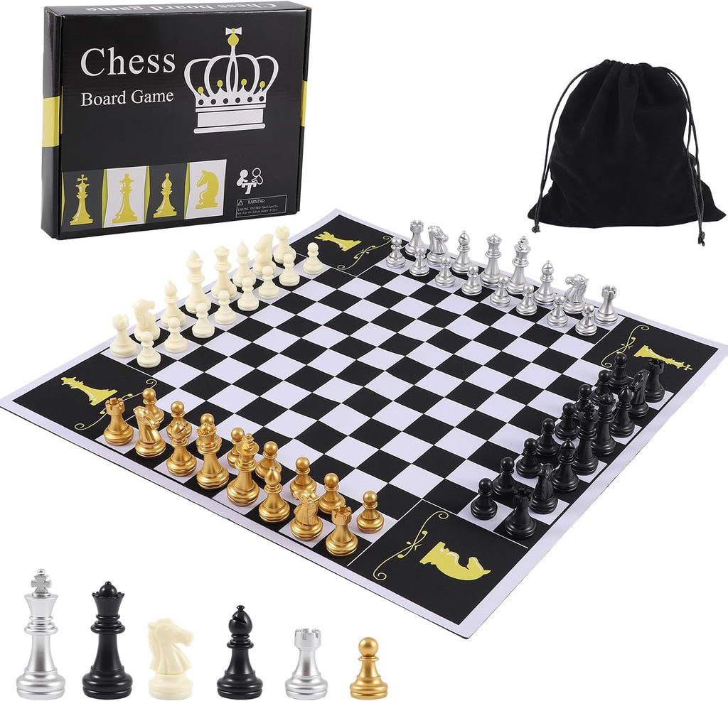 Juego de mesa de ajedrez para 4 jugadores, juego de ajedrez para cuatro personas, juego de ajedrez único de equipo, material de alfombrilla de mouse con 4 juegos de piezas de ajedrez (64 piezas) para 2-4 personas, juego portátil para adultos
