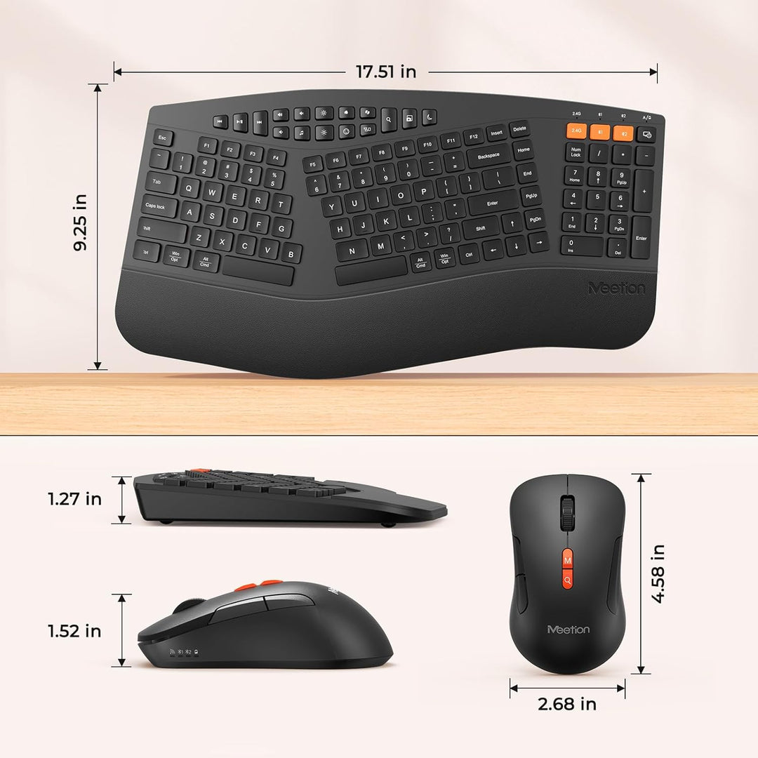MEETION Teclado y mouse ergonómicos, teclado Bluetooth multidisposi...