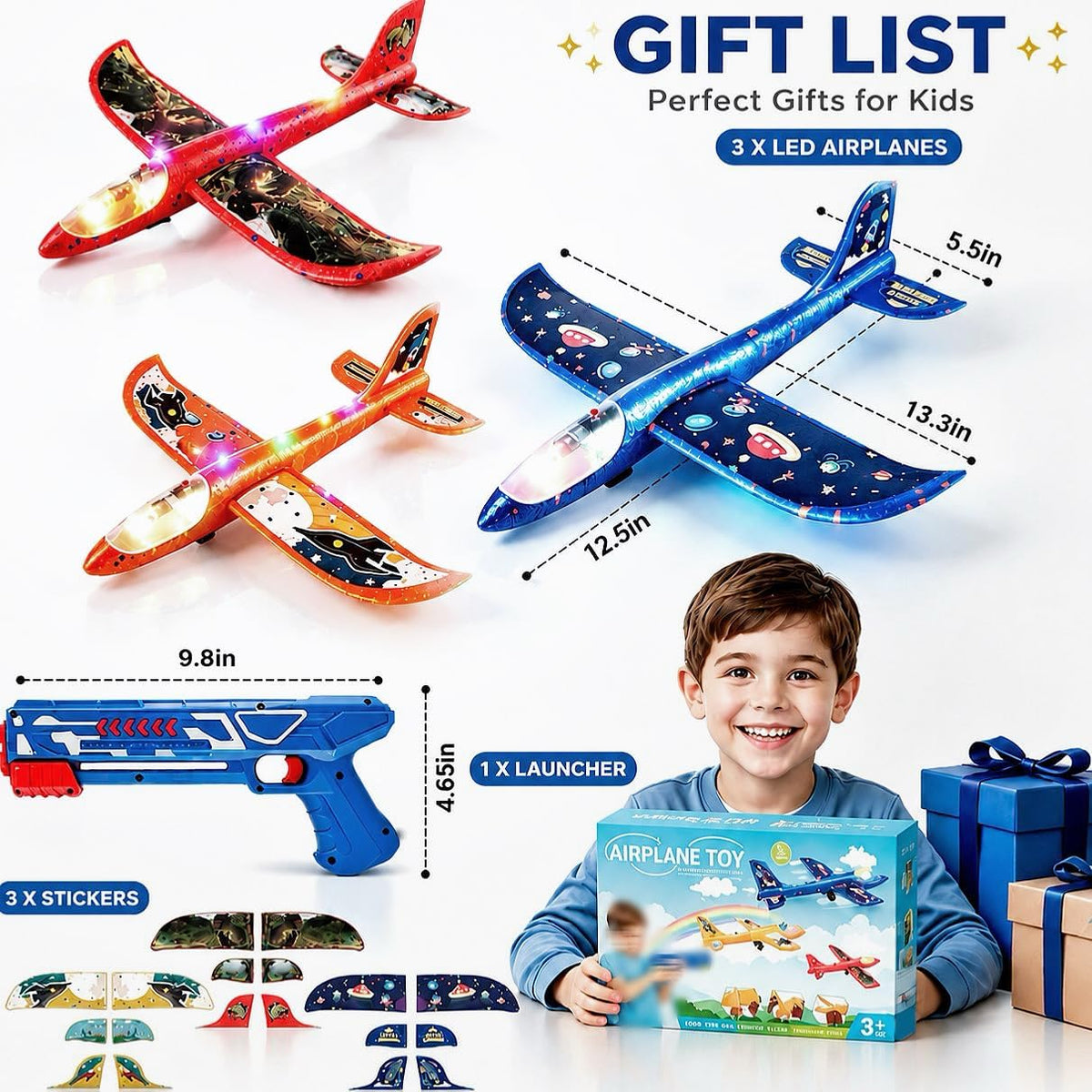 Paquete de 3 lanzadores de aviones de espuma de 12.6 pulgadas con 3 calcomanías de bricolaje, avión LED planeador, juguetes para niños y niñas de 4, 5, 6, 7, 8, 9, 10, 11, 12 años