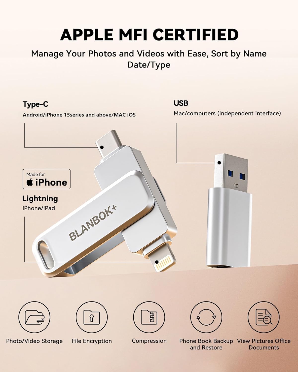 BLANBOK+ Memoria flash USB certificada MFi de 512GB para iPhone, un...